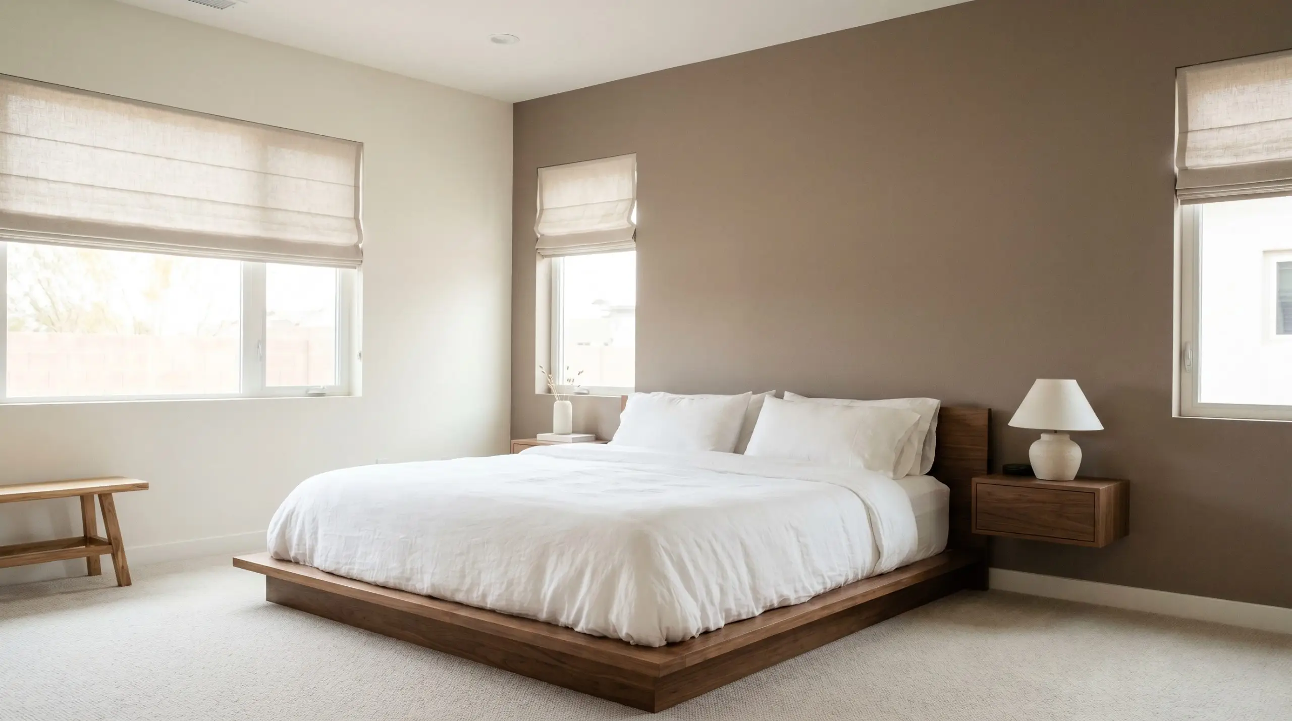 A serene soft minimalism bedroom features a low-profile platform bed with crisp white bedding set against an accent wall painted in Behr's Wild Truffle.