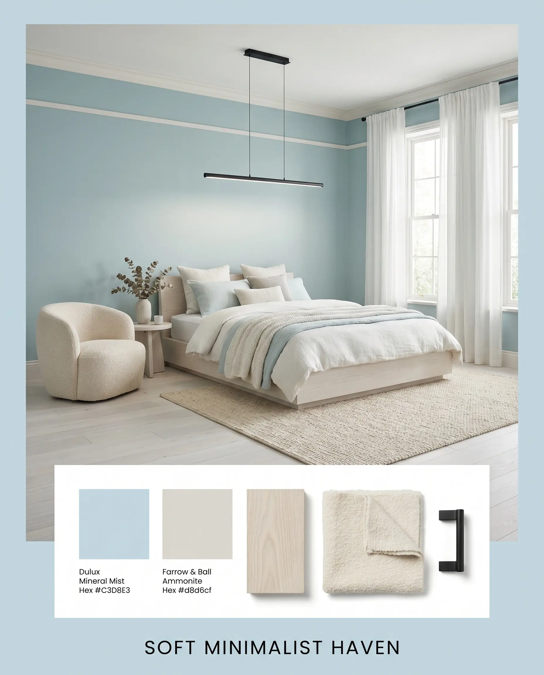 A serene bedroom flat-lay pairs Dulux Mineral Mist with warm gray accent trim, whitewashed ash wood, bouclé fabric, and matte black metal.