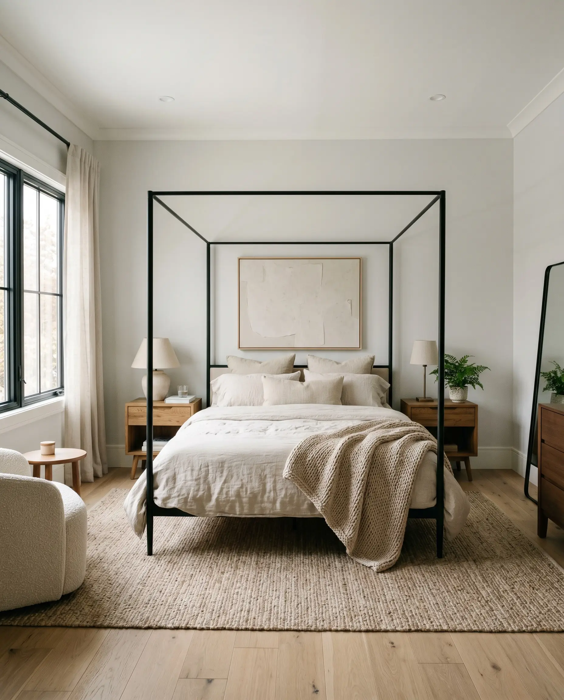 A low-profile canopy bed dressed in rumpled washed linen sits between reclaimed oak mid-century nightstands against a cool-leaning gray architectural finish.