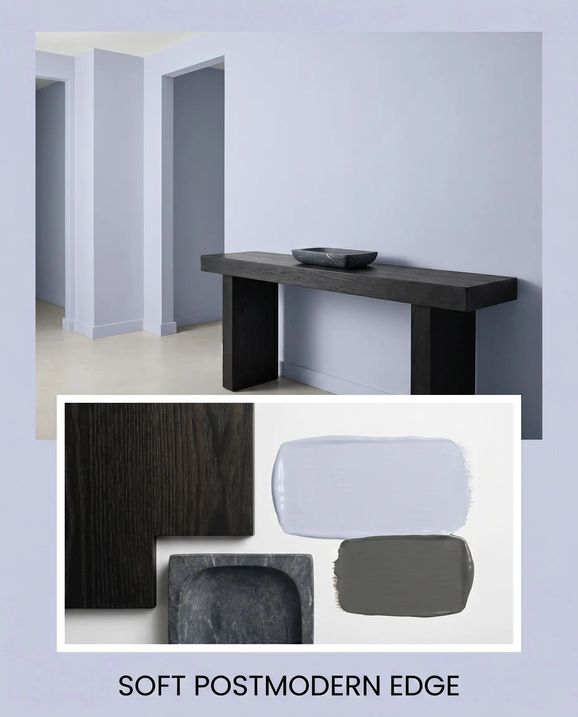 A chunky ebonized ash console and charcoal soapstone catchall sit against muted lilac walls above a soft postmodern edge material flat-lay.