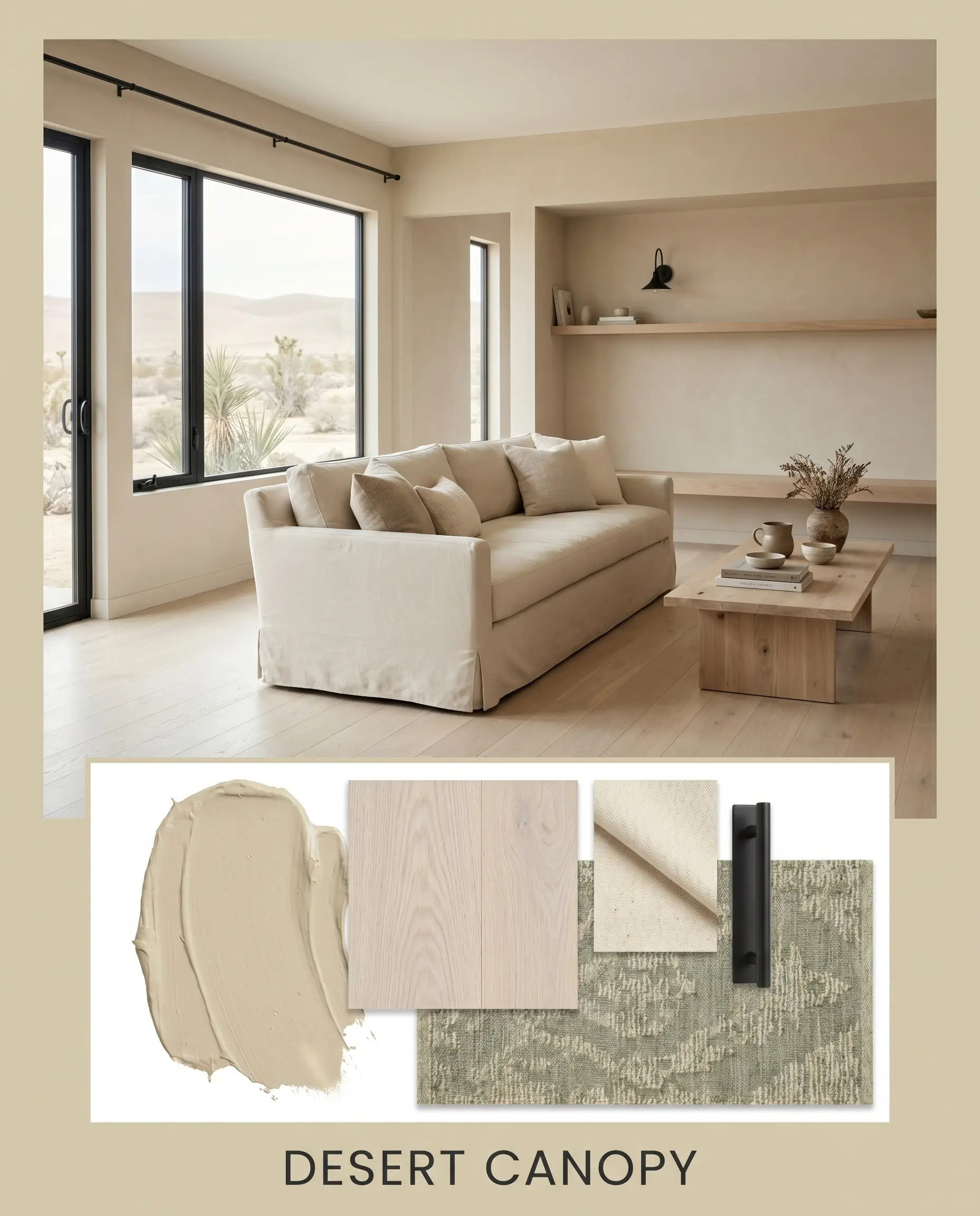 An editorial magazine layout features a warm earthy neutral living room above a flat-lay containing bleached oak, cotton canvas, matte black iron, and sage textiles.