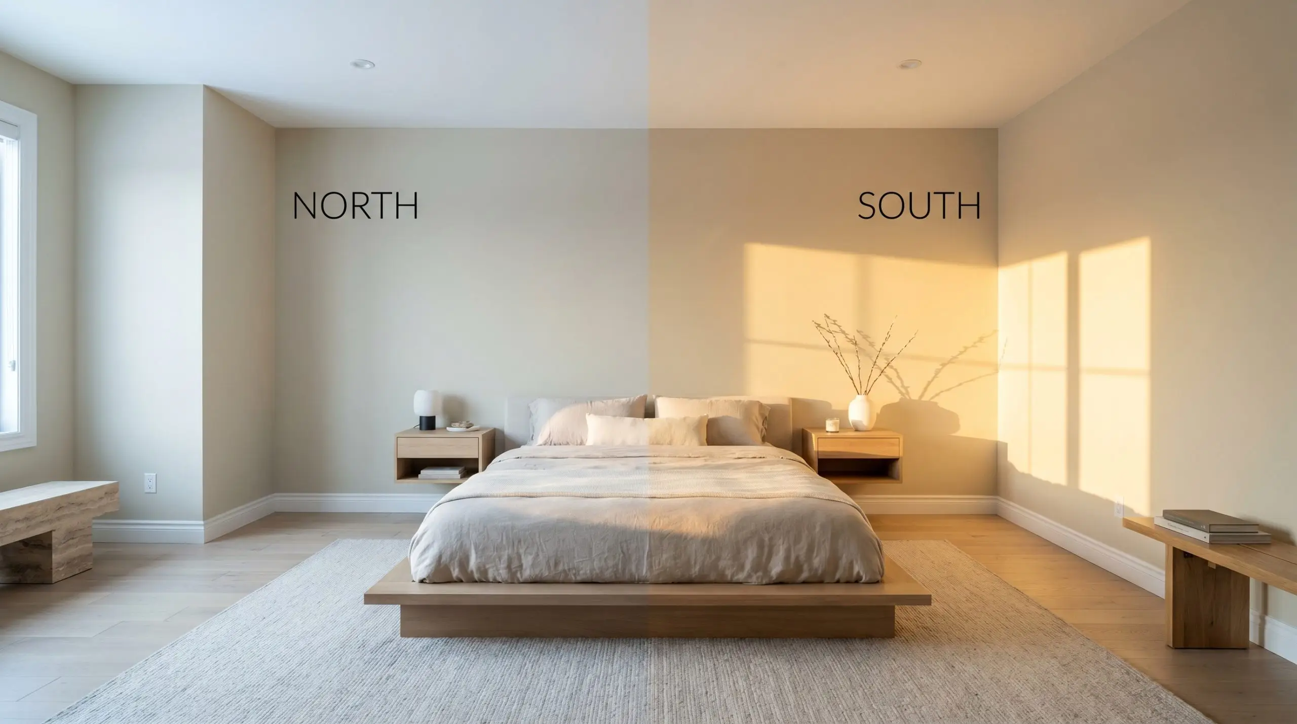 An elegant transitional bedroom painted in PPG Soft Suede (Hex #d8cbad) shifts from cool flat beige in North-facing light to golden-warmth in South-facing exposure.