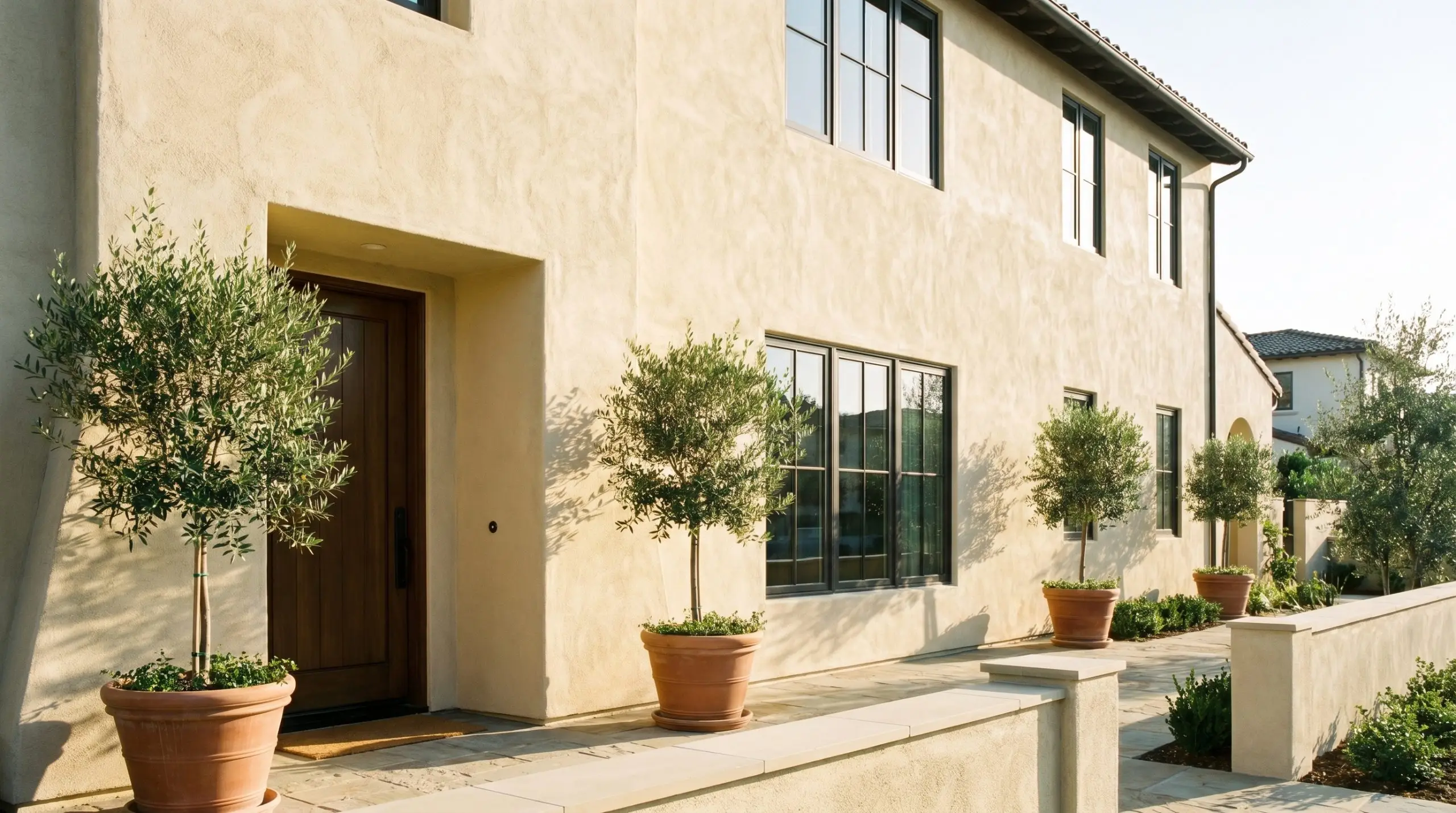 A heavily textured earthy neutral stucco facade contrasts with dark charcoal-bronze window casings, a solid wood entry door, and manicured olive trees in terracotta pots.