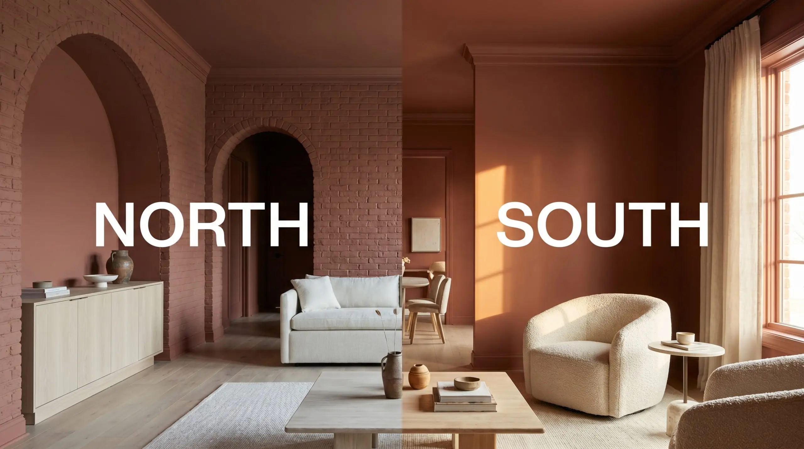 A split-screen lighting comparison of Benjamin Moore Southwest Pottery (Hex #975F57) shifting from muted traditional brick in cool Northern light to vibrant clay in warm Southern exposure.