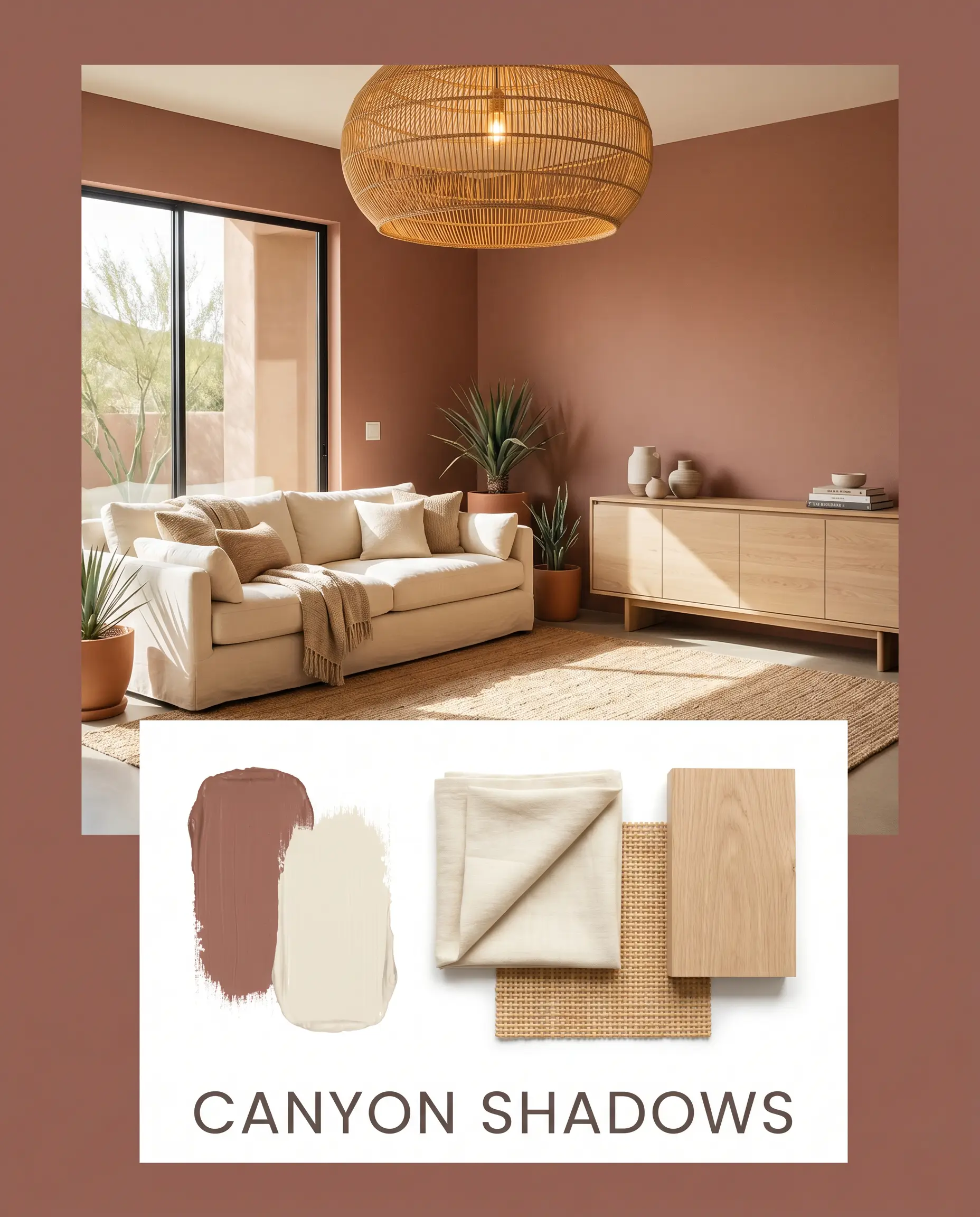 An editorial flat-lay features creamy linen, woven rattan, and light white oak swatches beneath a relaxed living room showcasing sun-baked clay walls.