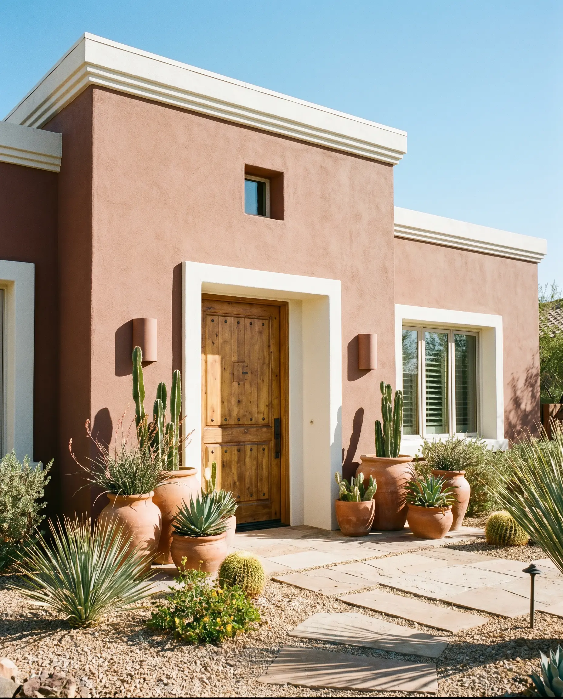 A wooden front door and terracotta potted plants accent a stucco home facade painted in Benjamin Moore Southwest Pottery (Hex #975F57).