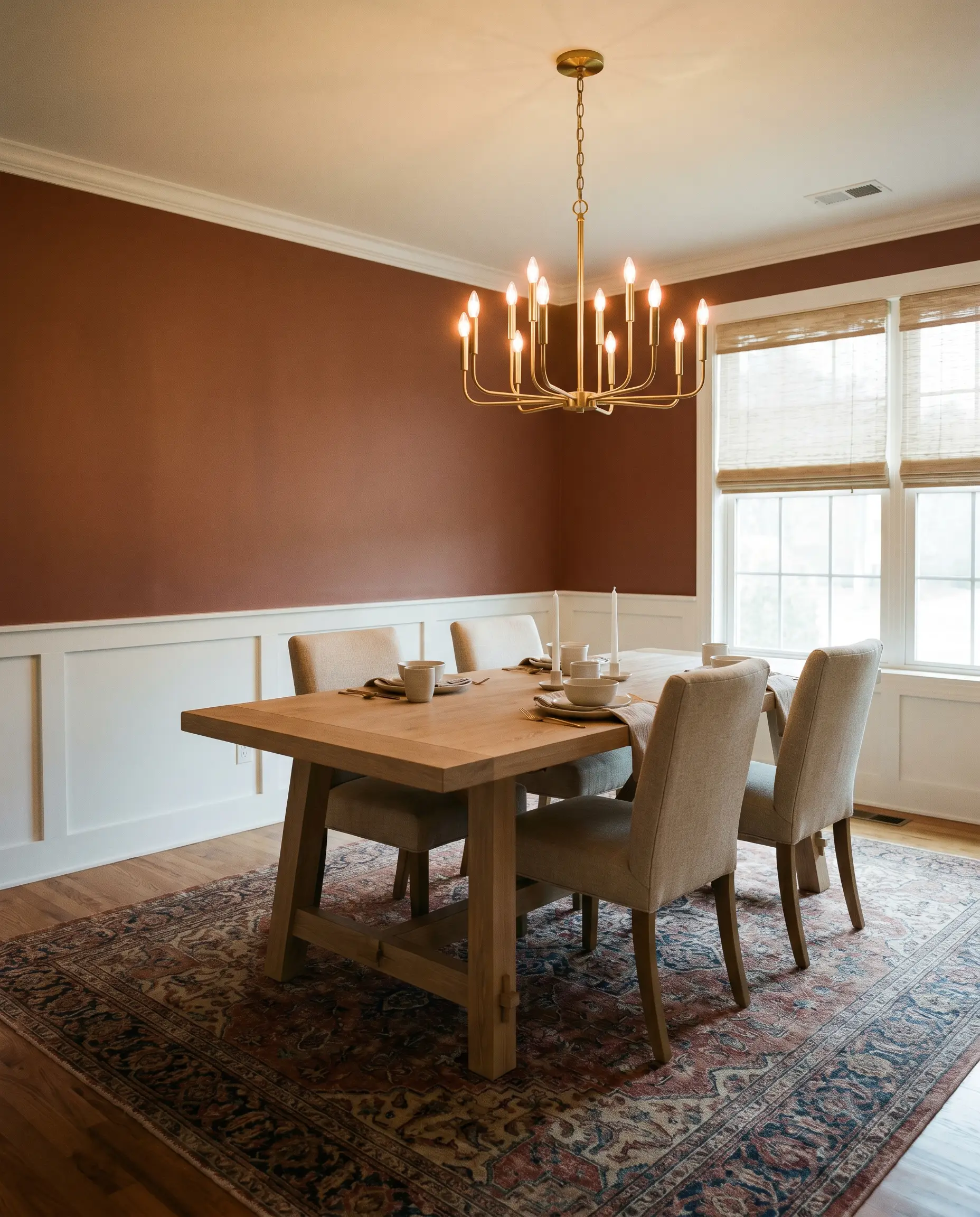 An unlacquered brass chandelier illuminates a light white oak dining table and vintage Persian rug surrounded by Benjamin Moore Southwest Pottery (Hex #975F57) walls.