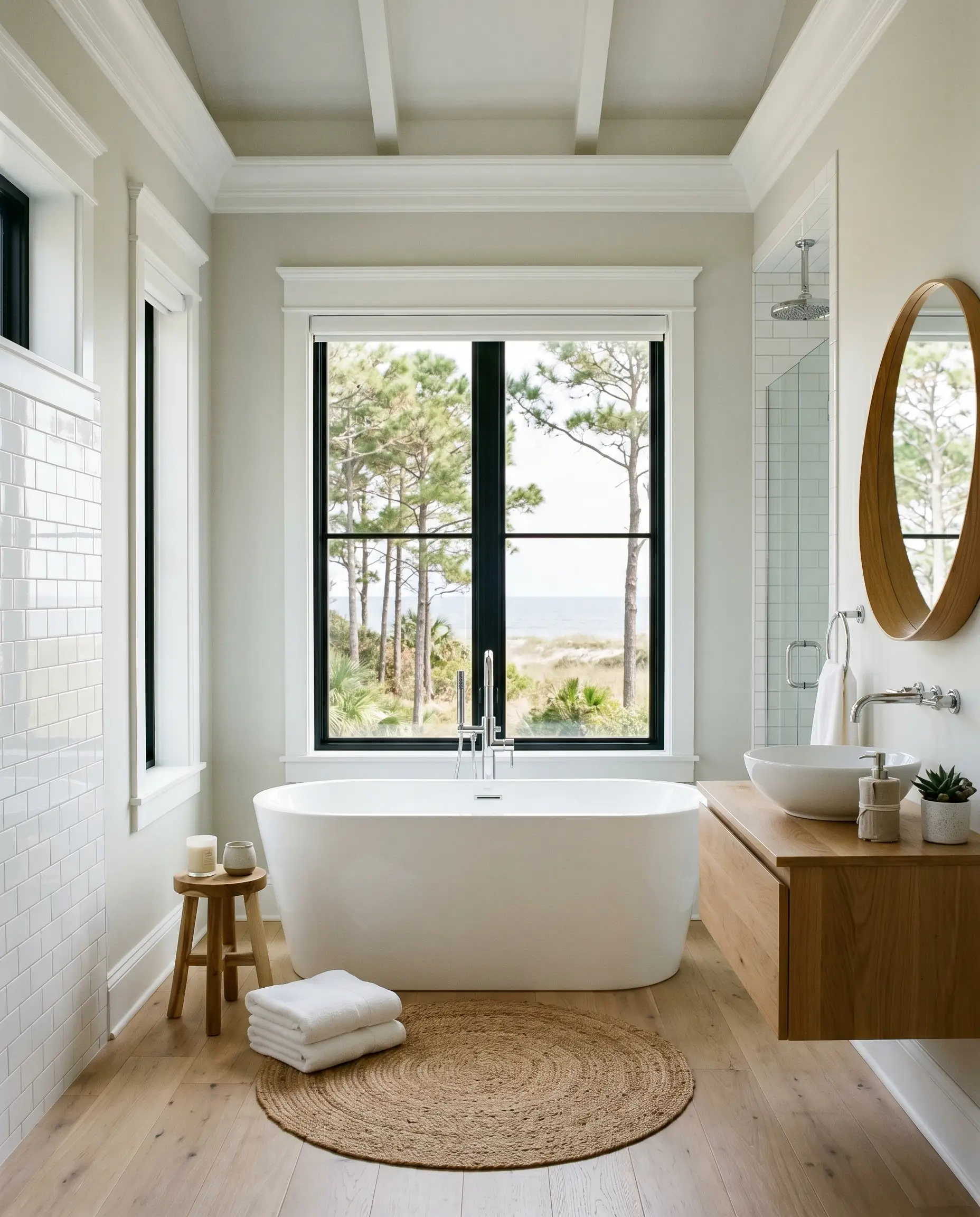 A spa-inspired bathroom retreat painted in Benjamin Moore Horizon (Hex #DFE1DB) highlights stark white subway tiles, a freestanding soaking tub, and polished chrome fixtures.