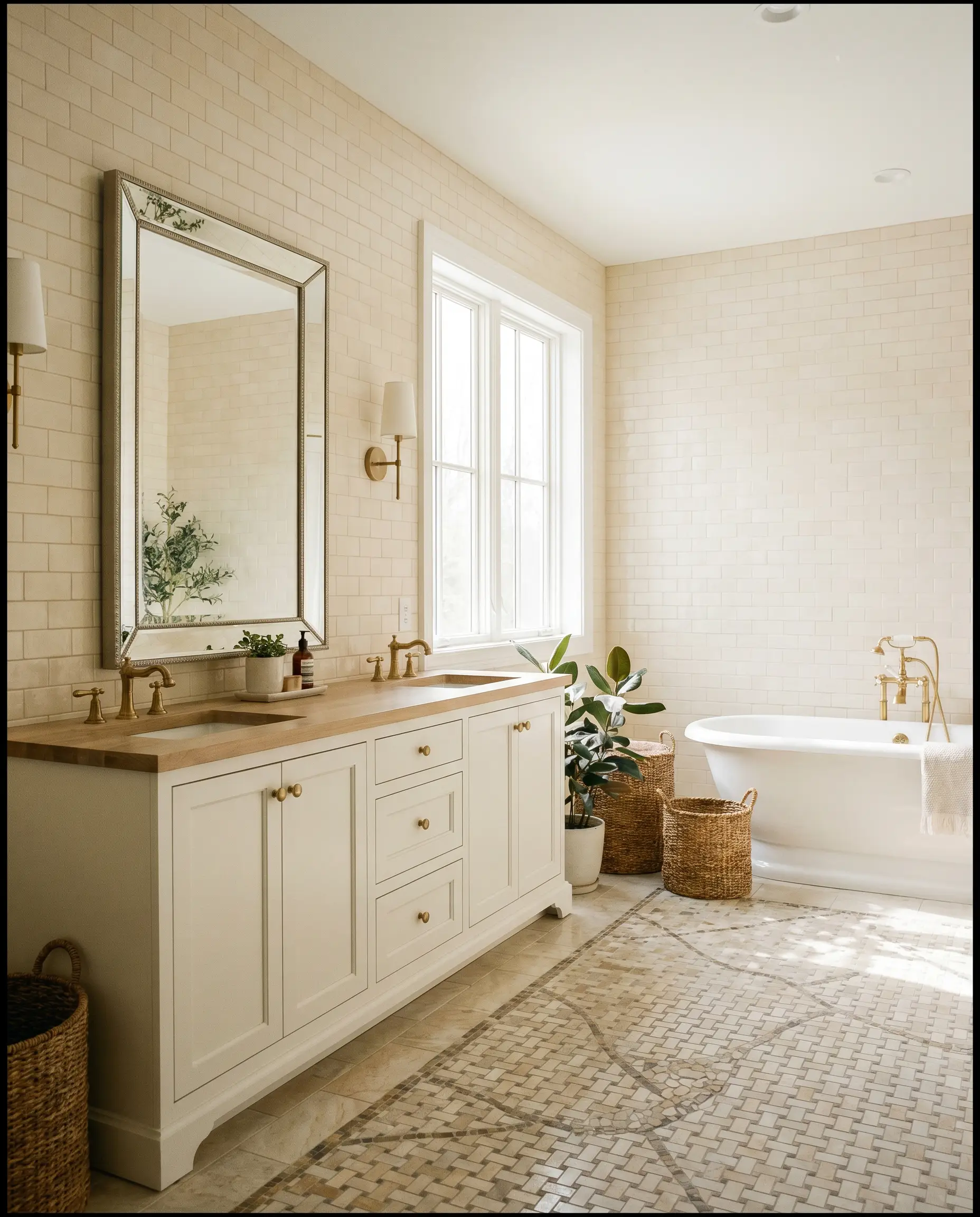 A serene spa-like bathroom features a warm off-white vanity surrounded by warm-toned standard subway tile walls and intricate mosaic floors.