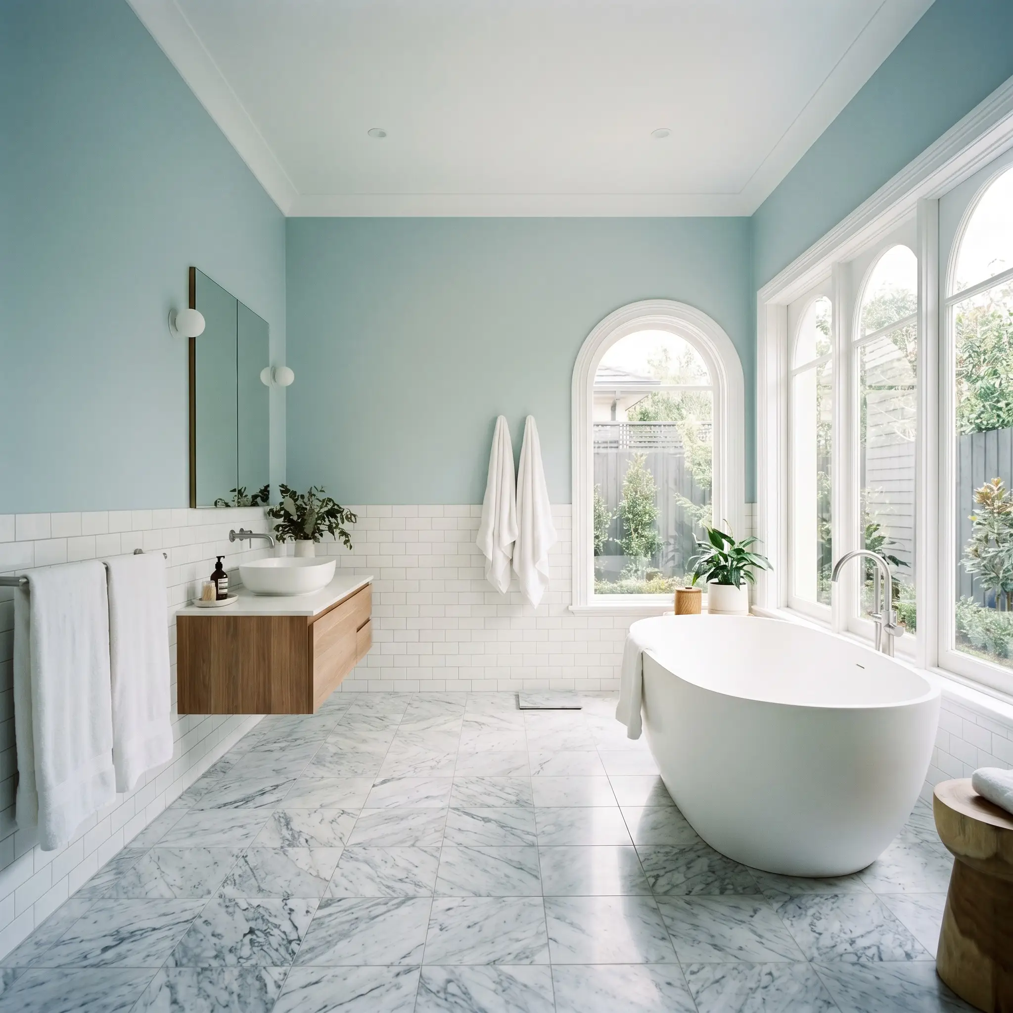 Classic white subway wainscoting wraps the lower walls beneath Dulux Mineral Mist (Hex #C3D8E3) upper walls in a luxury bathroom featuring heavily veined marble flooring.