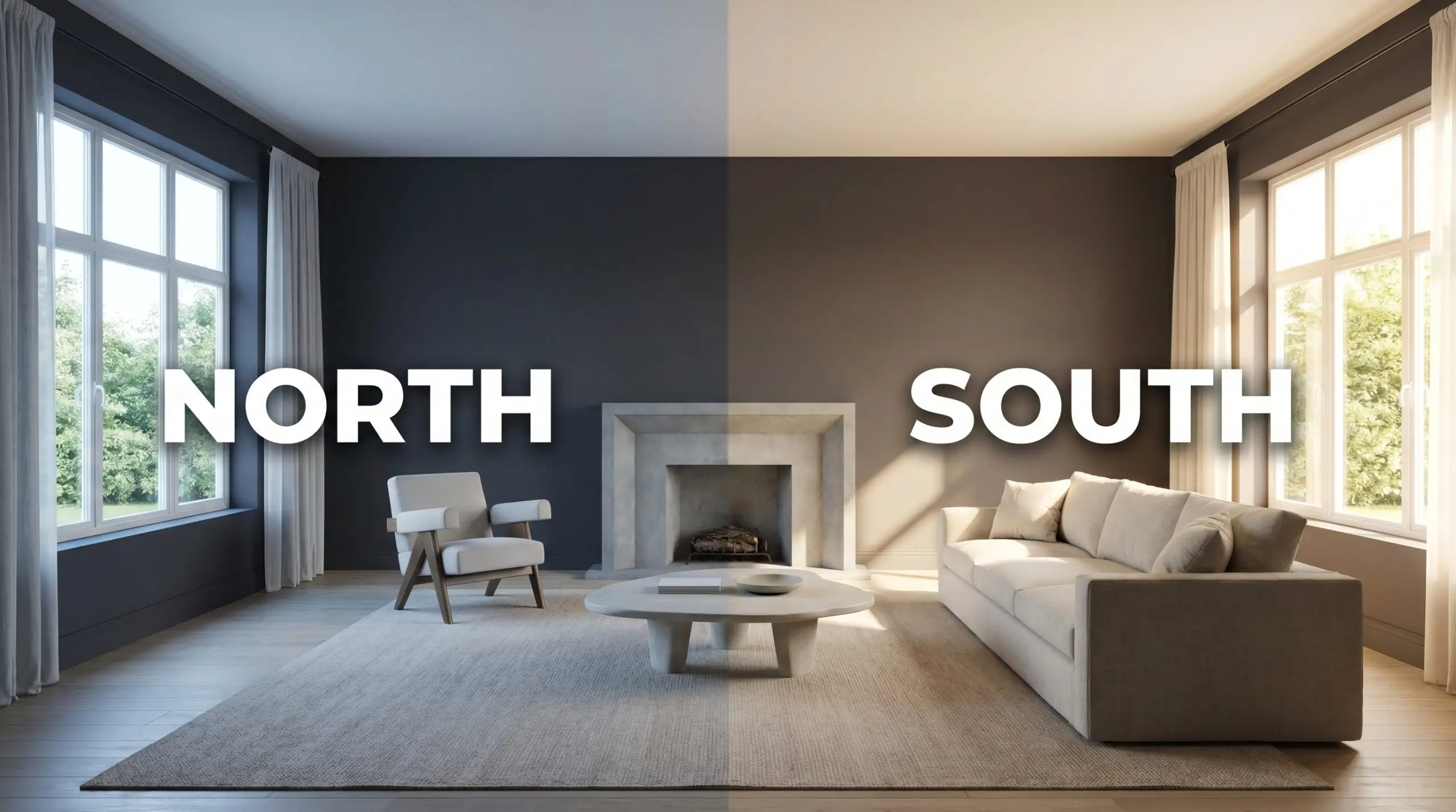 A continuous transitional living room painted in Farrow & Ball Paean Black (Hex #484348) shifts from cool indirect North-facing light to warm South-facing sunlight.