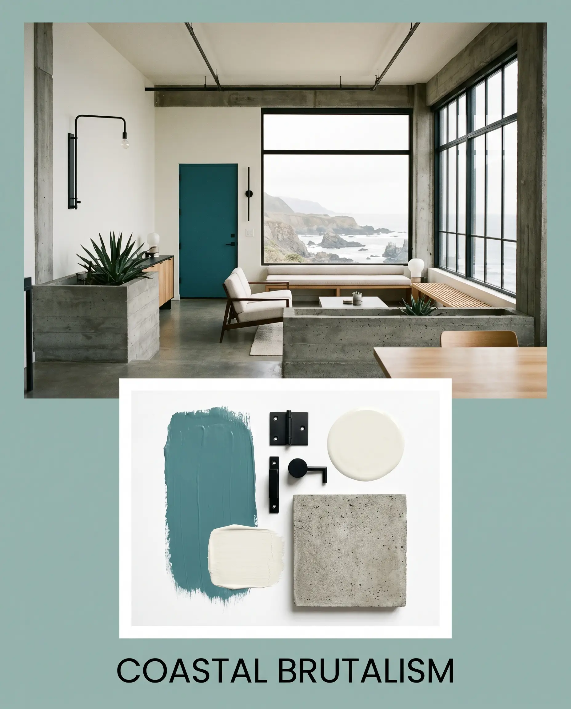 An editorial magazine layout pairs a photorealistic industrial living room with an inset flat-lay showcasing a muted teal paint application beside raw concrete and matte black hardware.