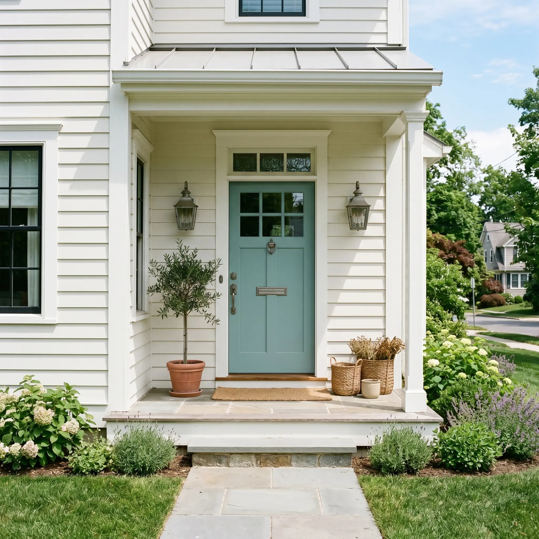 A classic suburban exterior features crisp white siding and aged pewter hardware mounted on a medium blue-green painted front entryway door.
