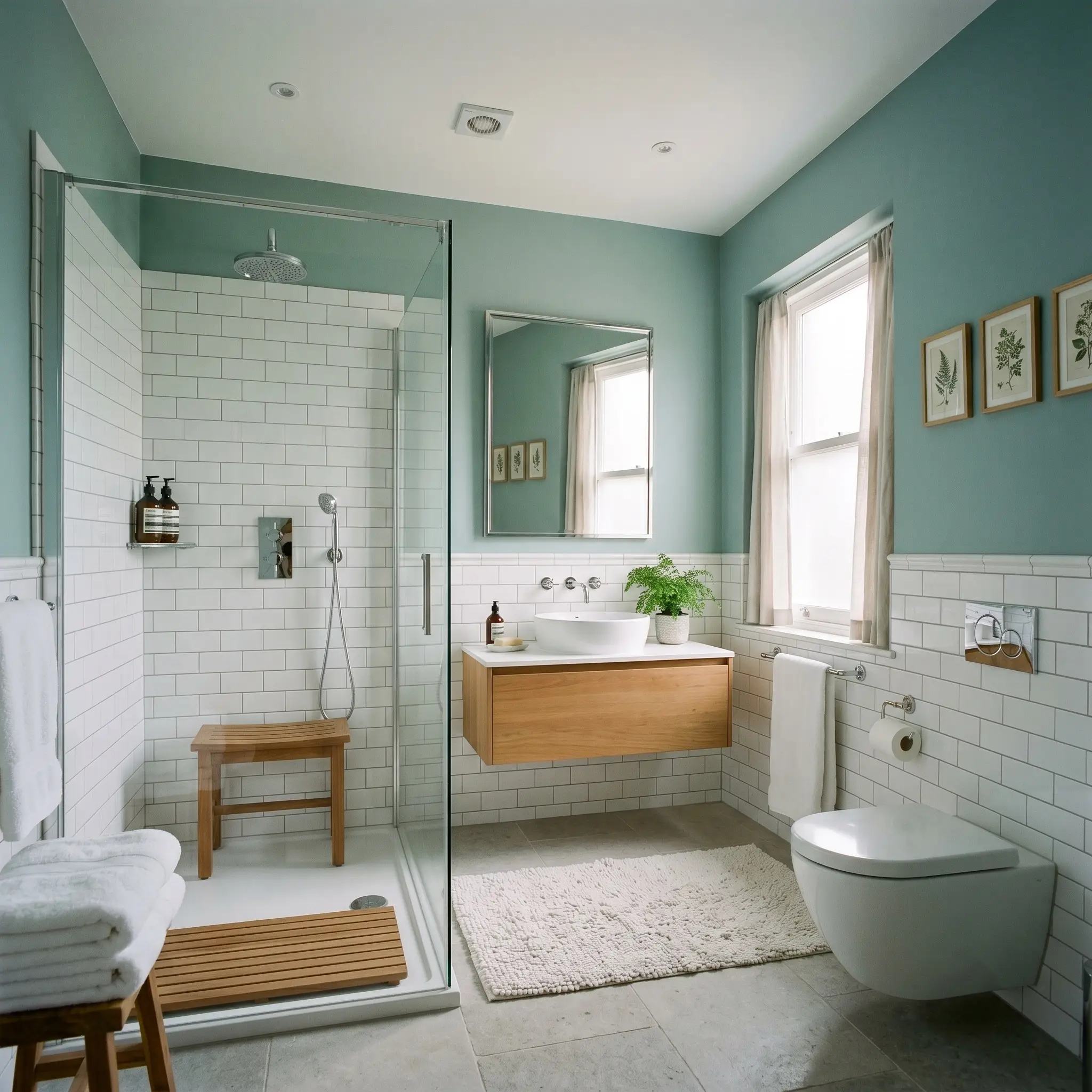 White subway tile and polished chrome fixtures contrast against medium blue-green walls in a restorative washroom designed with a spa-like atmosphere.