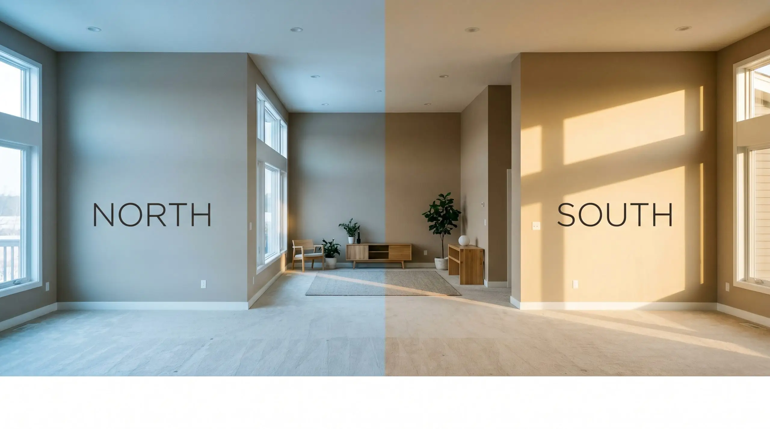 An airy living room wall shifts from a flat earthy taupe in cool north-facing light to a warm golden hue in afternoon south-facing light.