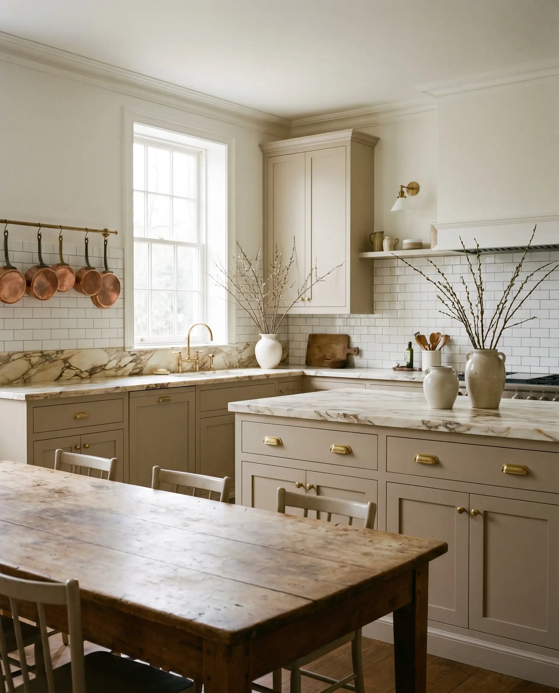 Heavily veined warm-toned marble countertops and unlacquered brass pulls adorn lower cabinets and a central island painted in Sherwin-Williams Studio Beige (Hex #C1B2A1).