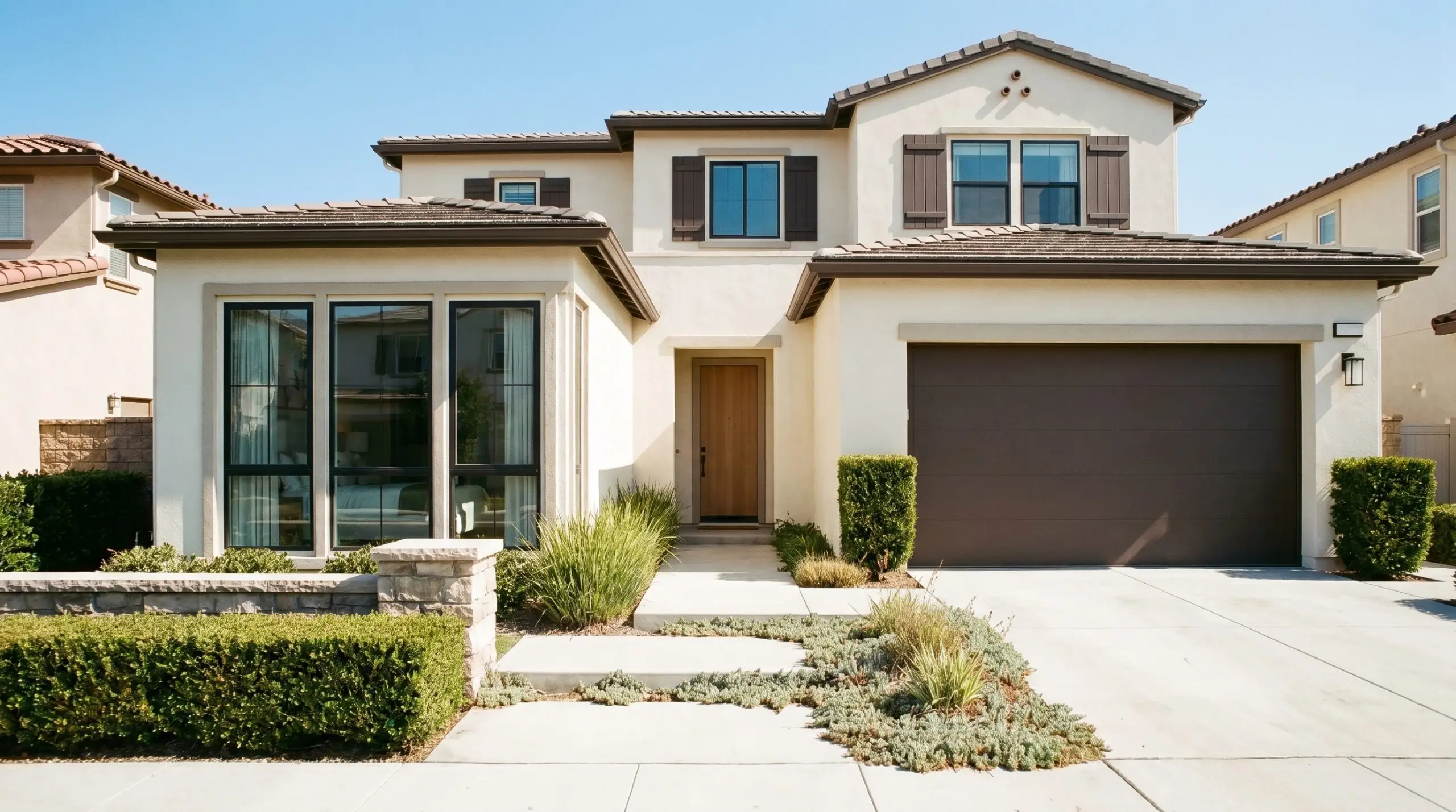 A manicured front walkway leads to a stucco exterior featuring window shutters and garage doors painted in Behr Espresso Beans.
