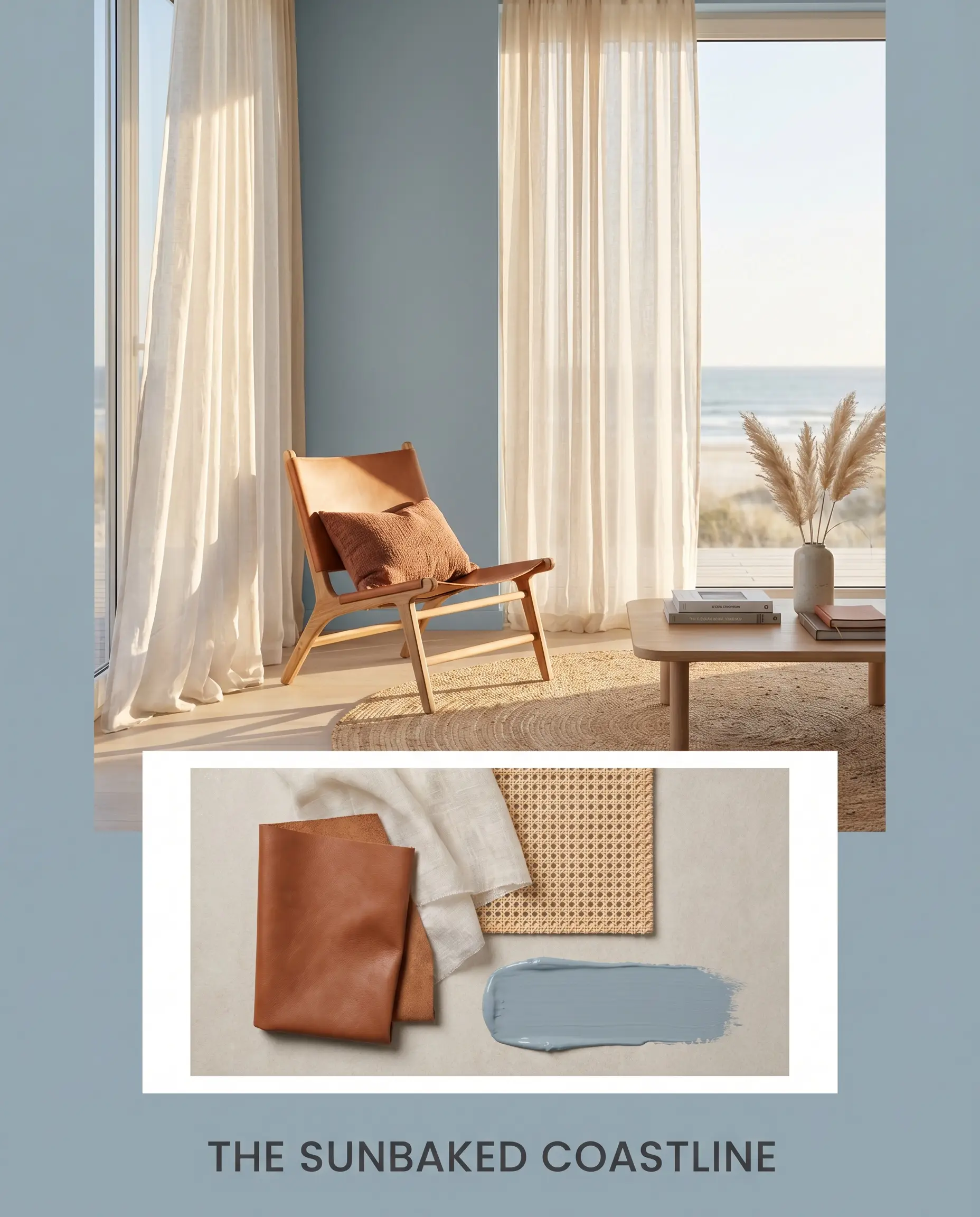 A flat-lay of cognac leather, sheer linen, and natural rattan sits below a coastal retreat room shot painted in Dulux Mellow Flow (Hex #95A7B4).