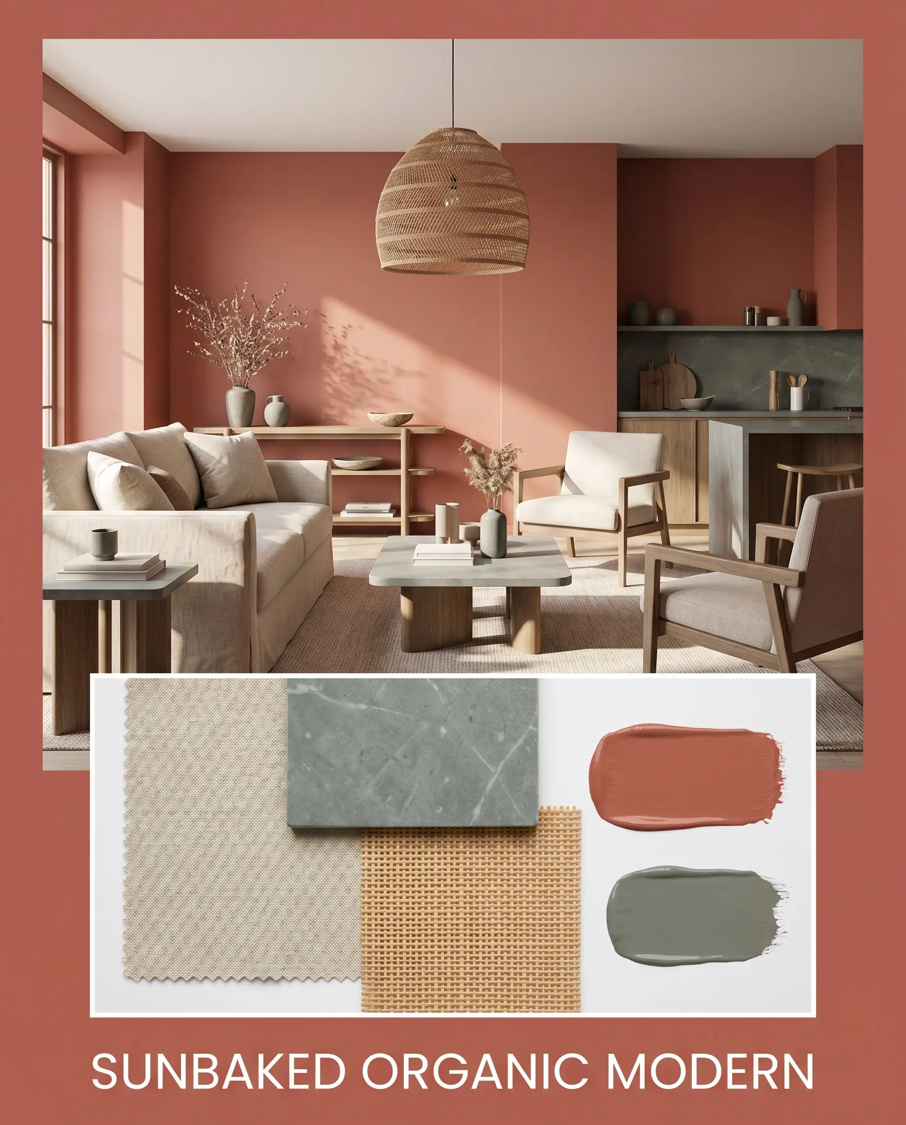 A sunbaked organic modern living space featuring oatmeal washed linen upholstery sits above a materials flat-lay showcasing matte soapstone, woven rattan, and Rosy Peach.