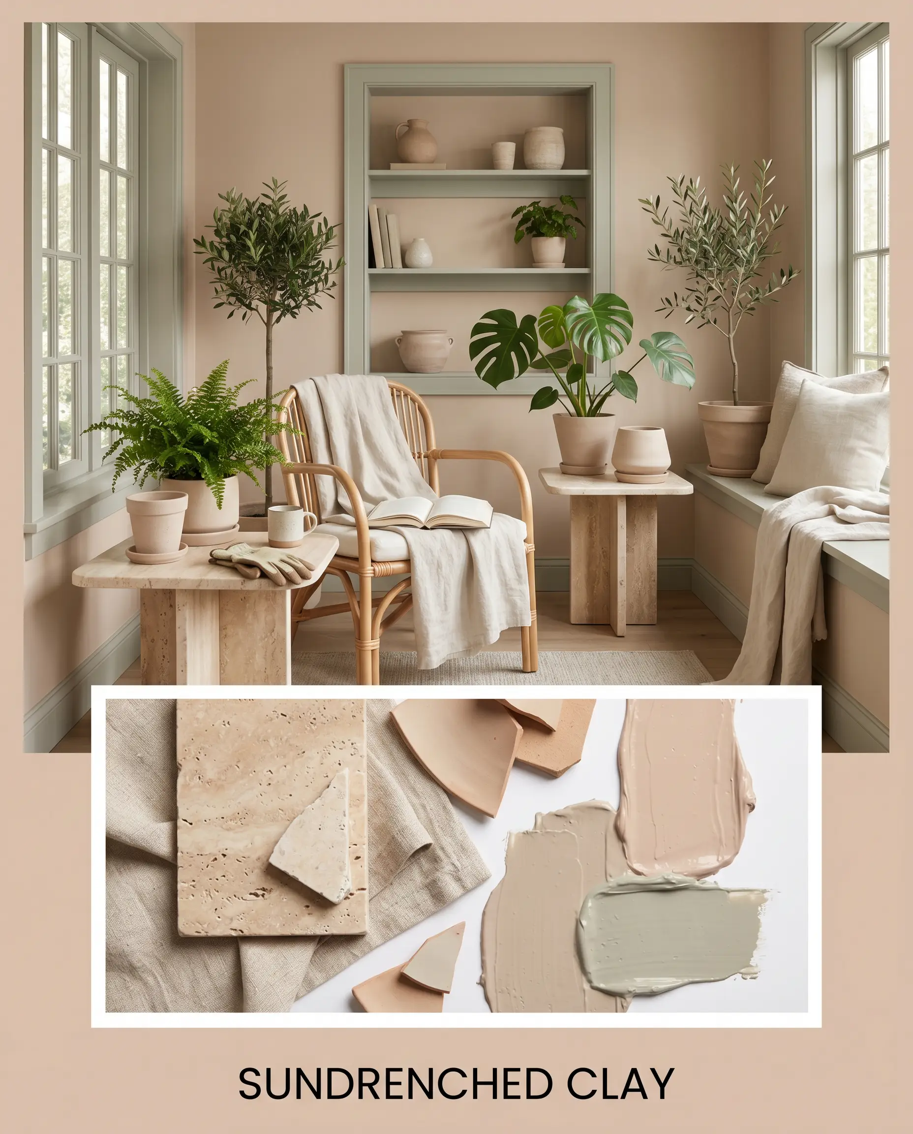 A botanical sunroom concept board pairs tumbled travertine stone, natural linen fabric, and unglazed ceramic shards with Behr Artisan Tea (Hex #dac2af) paint textures.