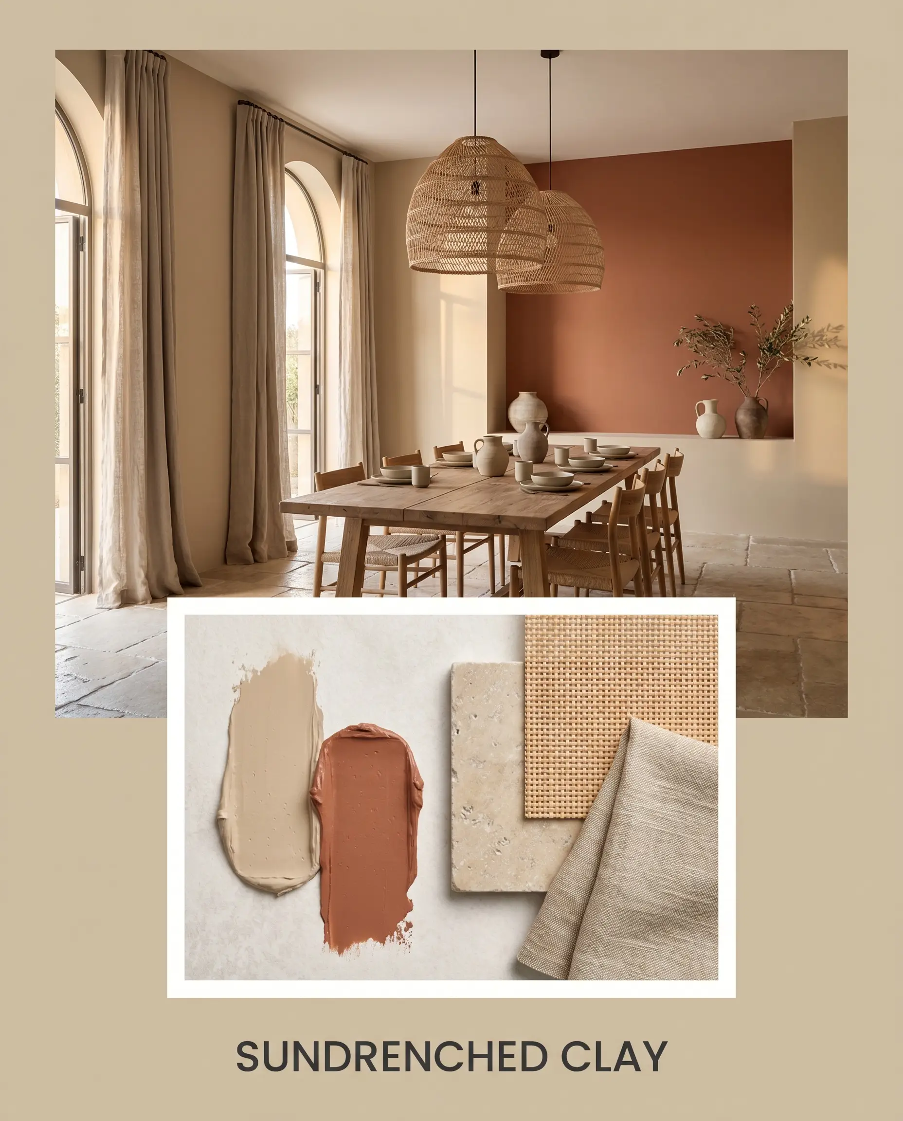 A Mediterranean dining space featuring a warm terracotta accent wall and woven rattan lighting is paired with a tactile flat-lay of tumbled limestone and slub linen.