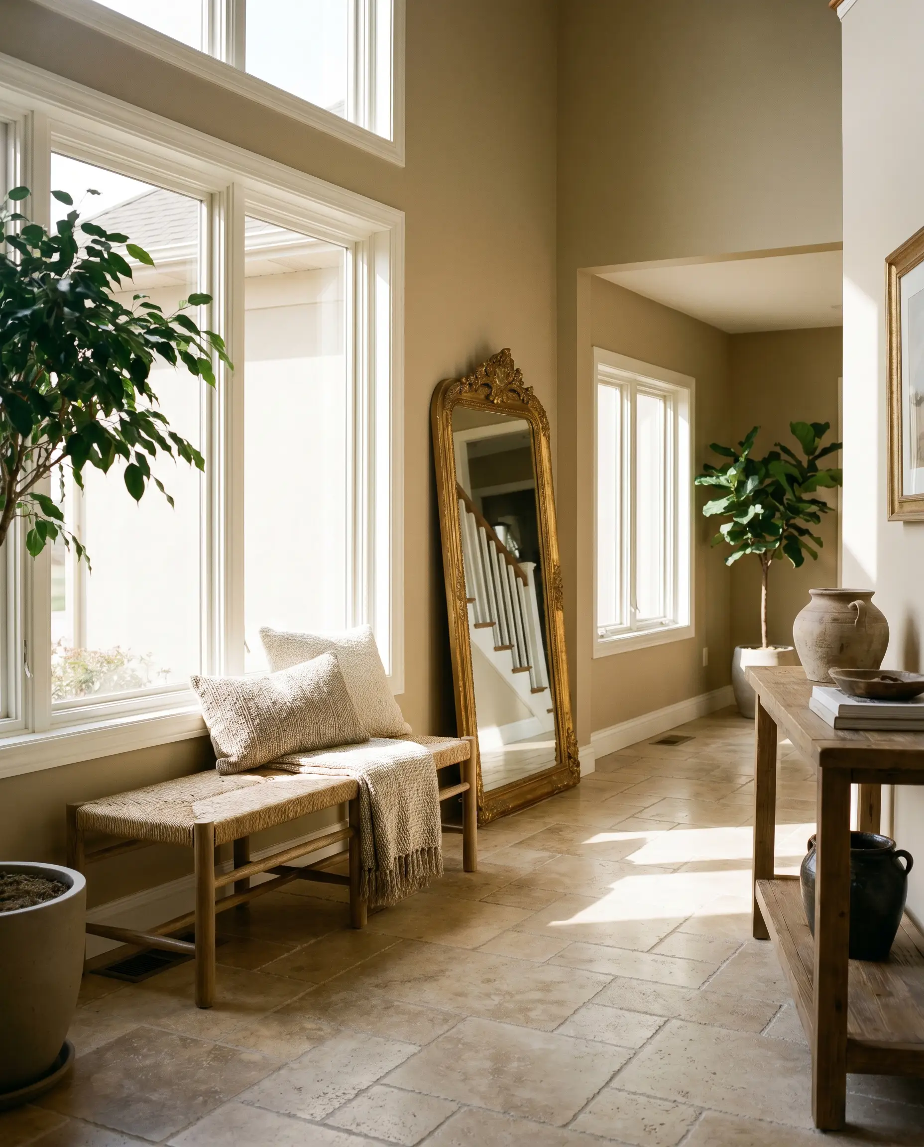 An oversized gilded mirror and a simple woven bench sit above tumbled travertine flooring in an organic transitional entryway wrapped in mid-tone neutral walls.