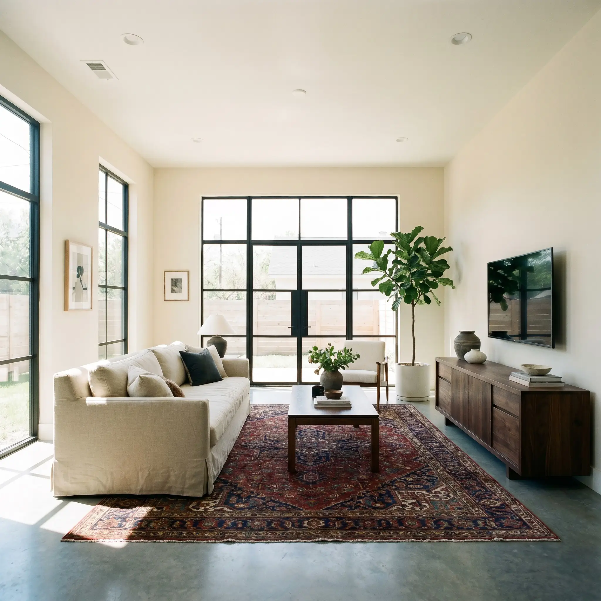 A deeply colored vintage rug and a heavy dark media console sit opposite a standard linen sofa in a bright, warm off-white living space.