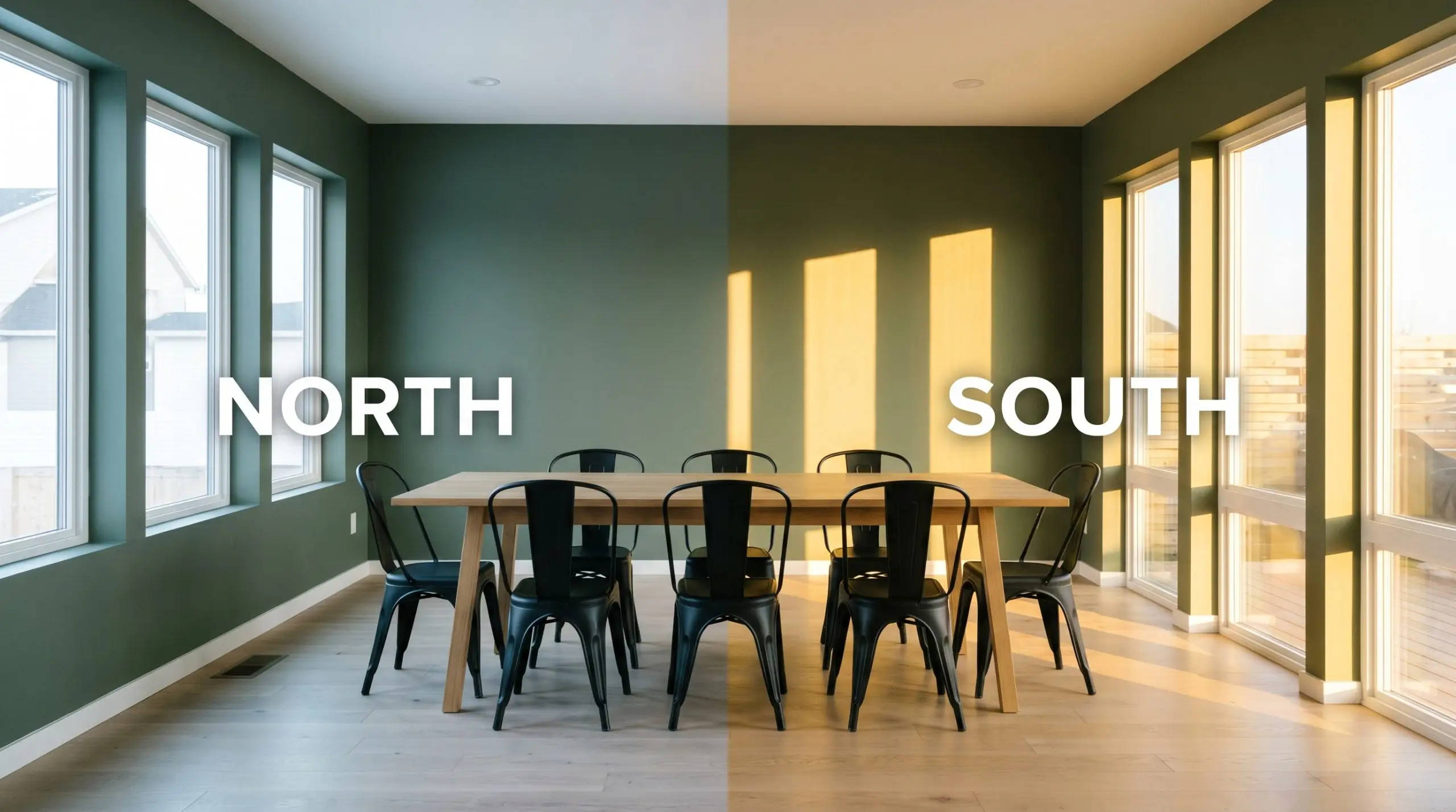 A minimalist dining room shifts from cool north-facing exposure to warm south-facing sunlight across warm earthy green walls, highlighting a light oak dining table.