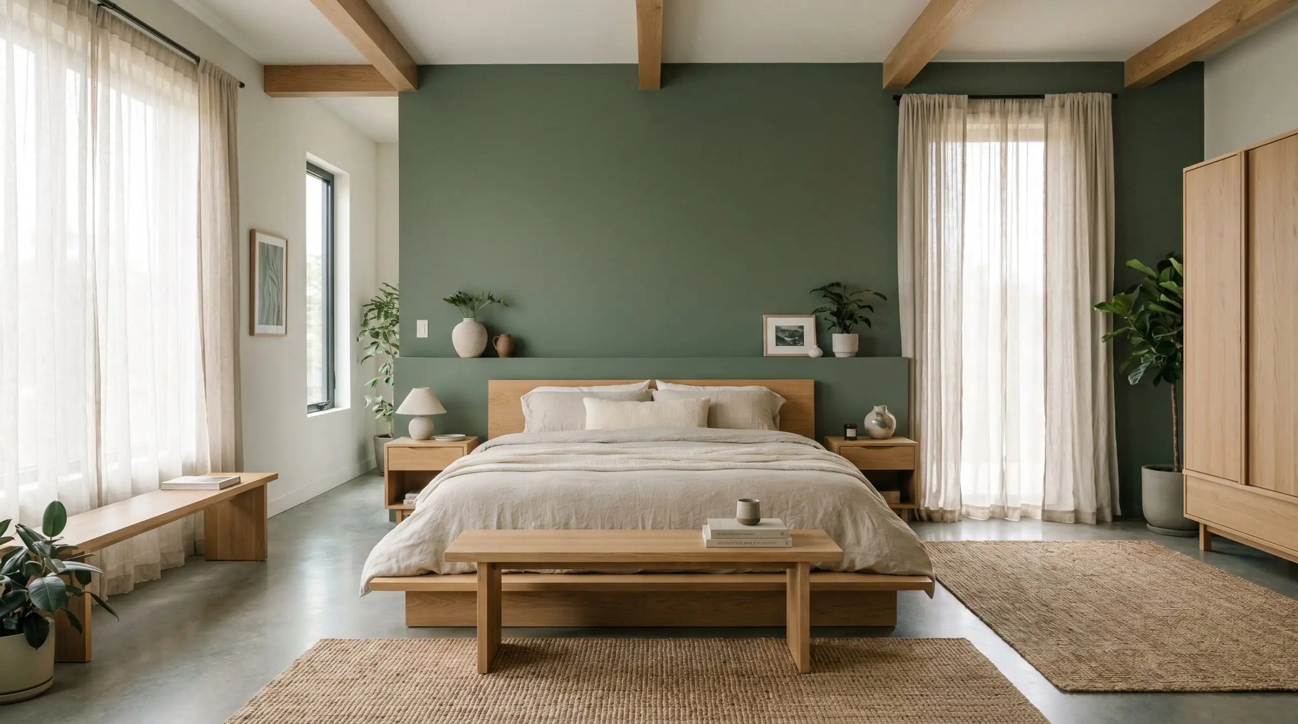 A serene bedroom features a warm earthy green accent wall behind low-profile light oak furniture and draped breathable linen bedding.