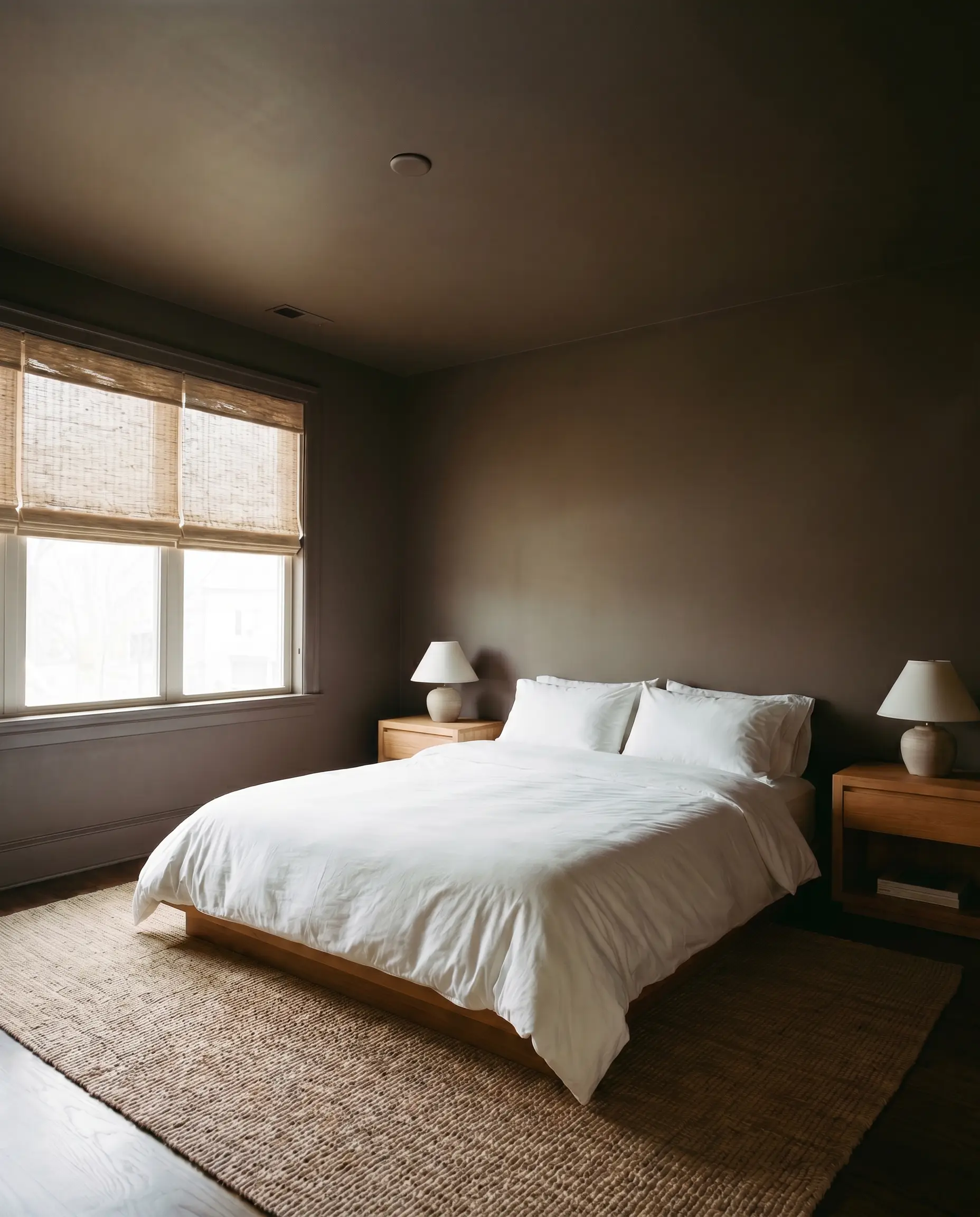 Crisp white percale bedding and warm wood nightstands contrast against walls, baseboards, and ceiling completely color-drenched in Sherwin-Williams Clove (Hex #453E39).