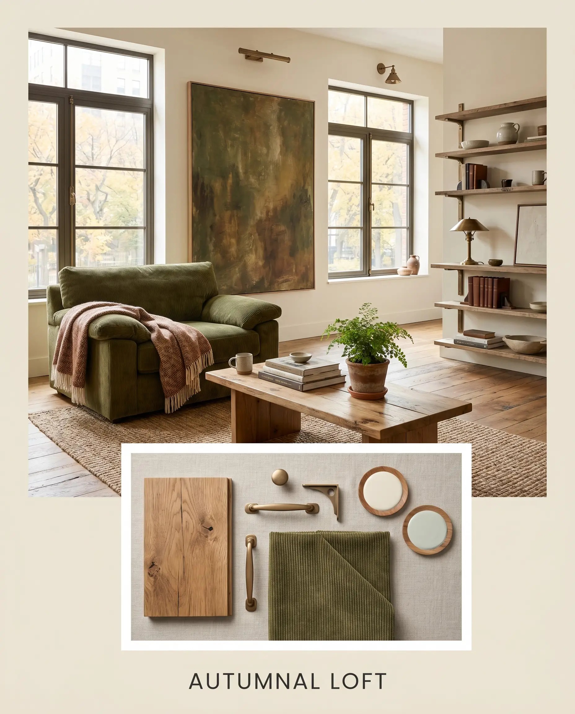 An olive green corduroy armchair sits on reclaimed elm floors above an autumnal loft flat-lay featuring matte bronze hardware and warm off-white swatches.