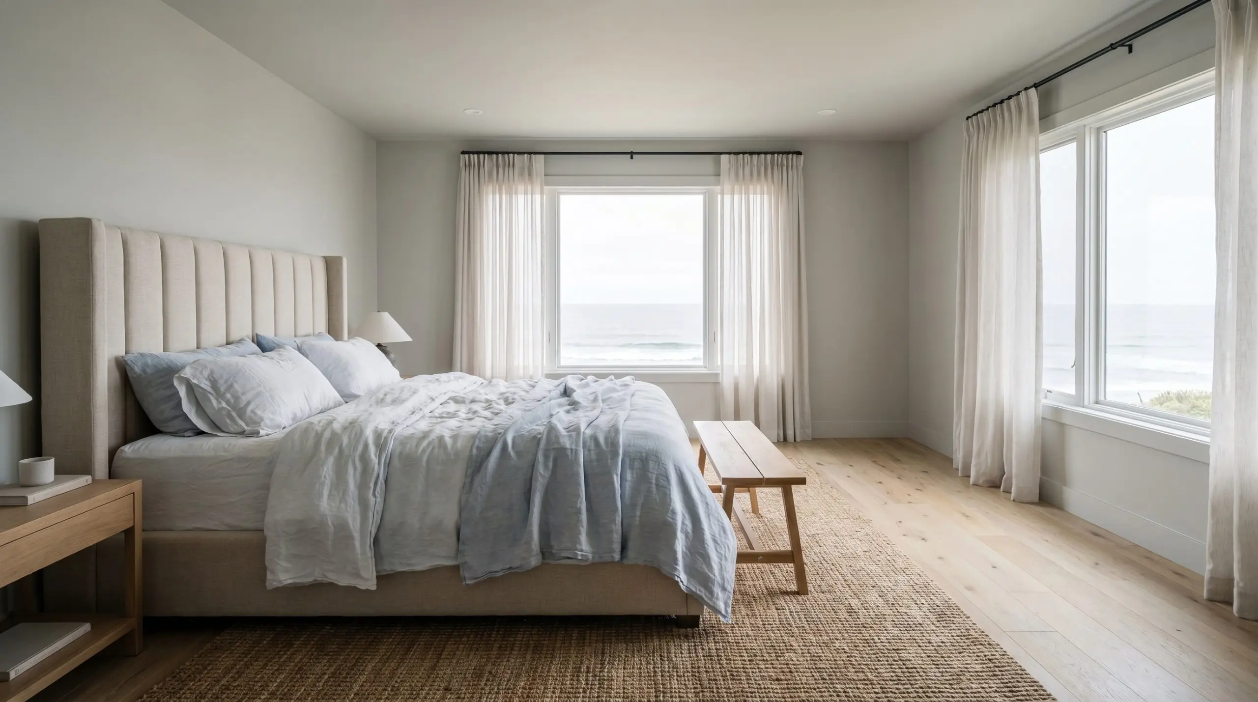 A channeled headboard and washed linen sheets furnish a serene coastal modern primary bedroom featuring white oak flooring and cool gray neutral walls.