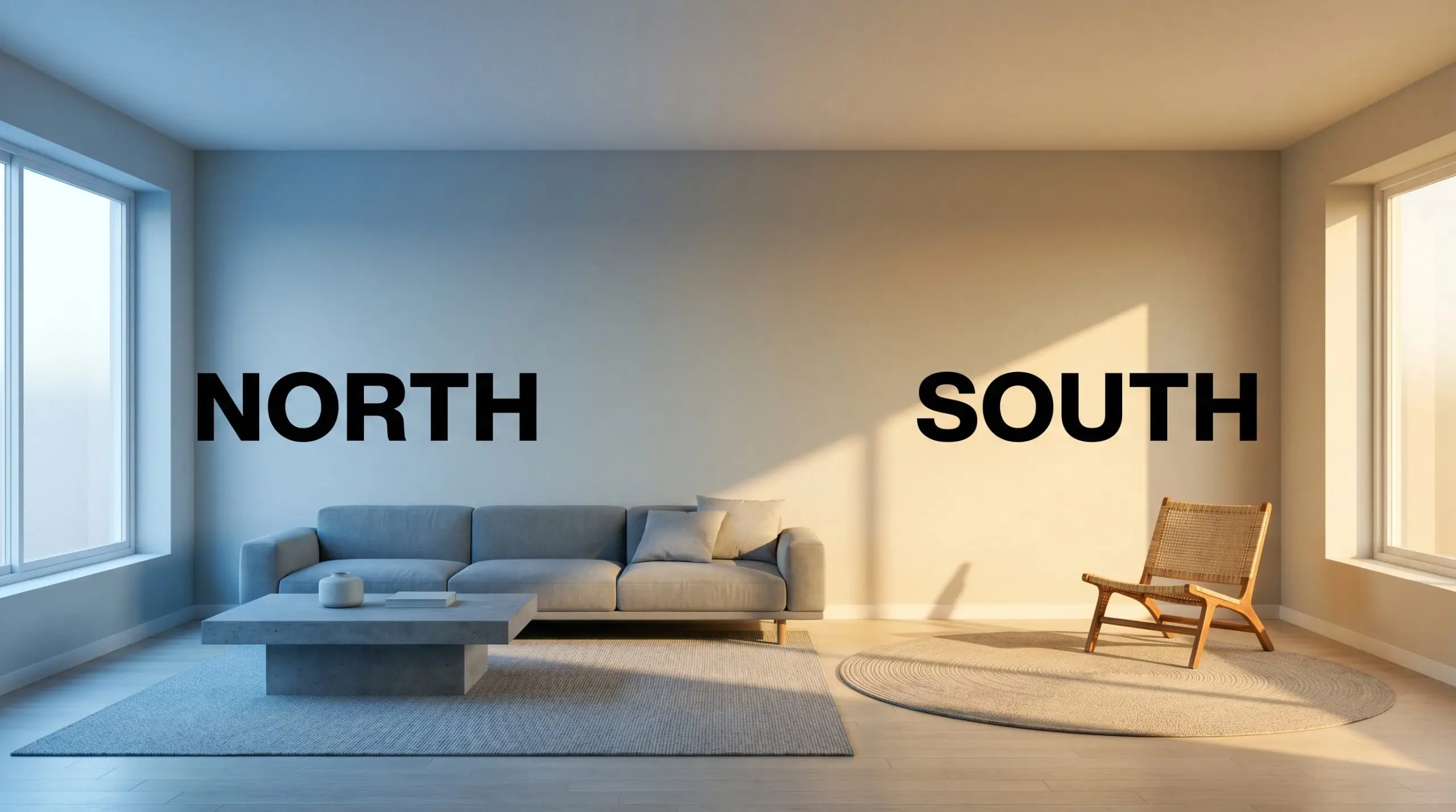 A continuous minimalist living room demonstrates color temperature shifts, transitioning from icy cool gray neutral in North-facing light to warm golden tones in South-facing exposure.