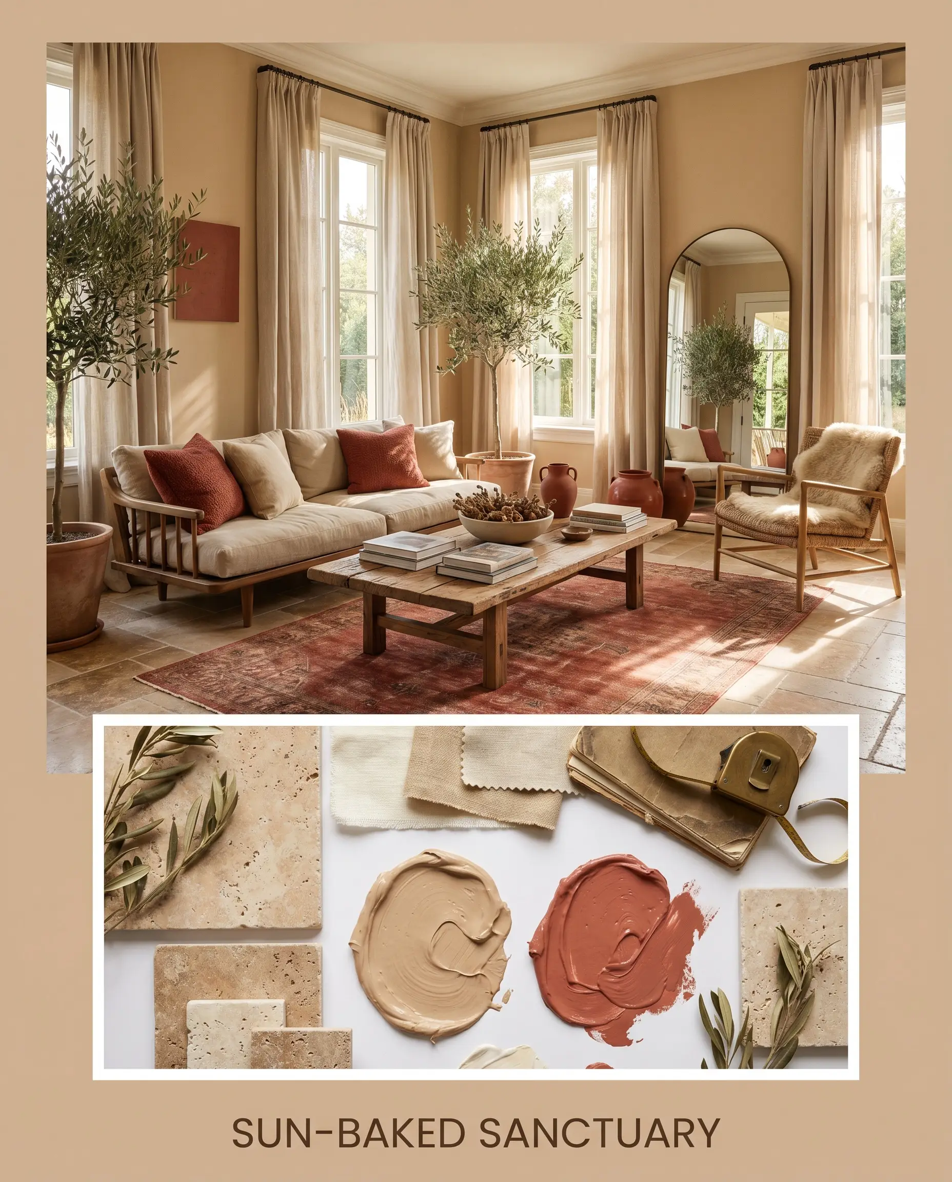 An editorial magazine layout features a relaxed golden-beige sunroom above an inset flat-lay containing tumbled travertine, linen fabric, and thick wet paint applications.