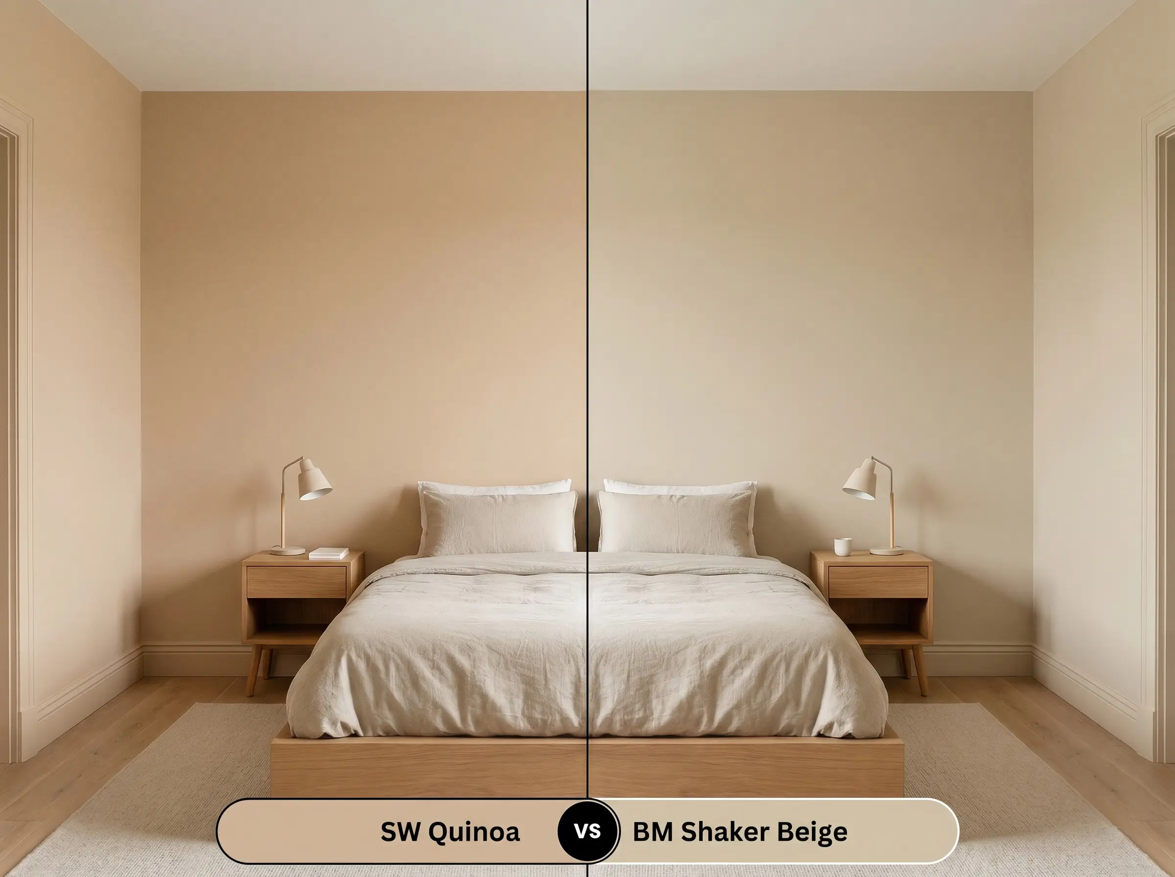 A side-by-side split-screen comparison of Sherwin-Williams Quinoa on the left and Benjamin Moore Shaker Beige on the right, shown in a Scandinavian bedroom.