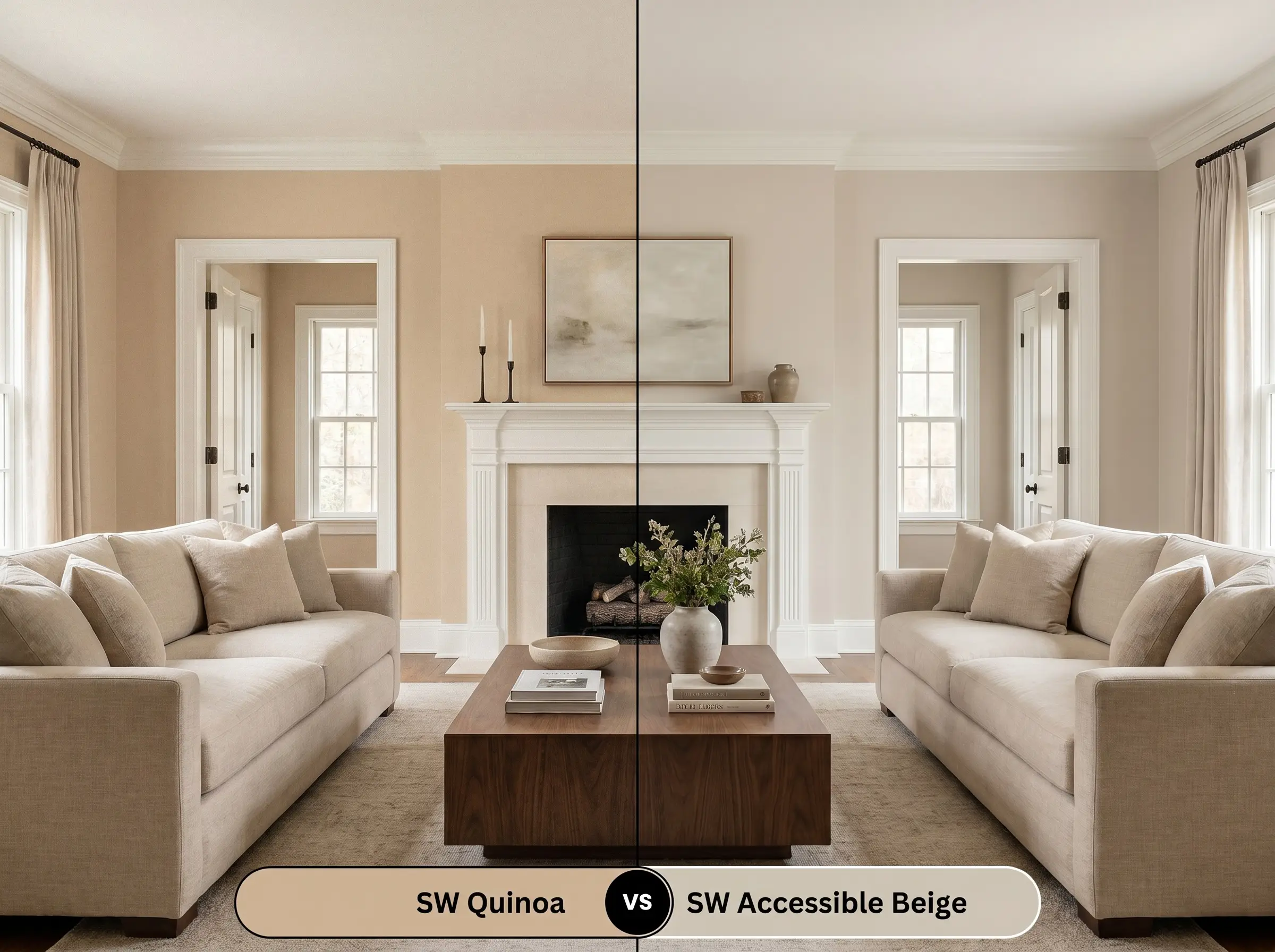 A side-by-side split-screen comparison of Sherwin-Williams Quinoa on the left and Sherwin-Williams Accessible Beige on the right, shown in a minimalist living room.