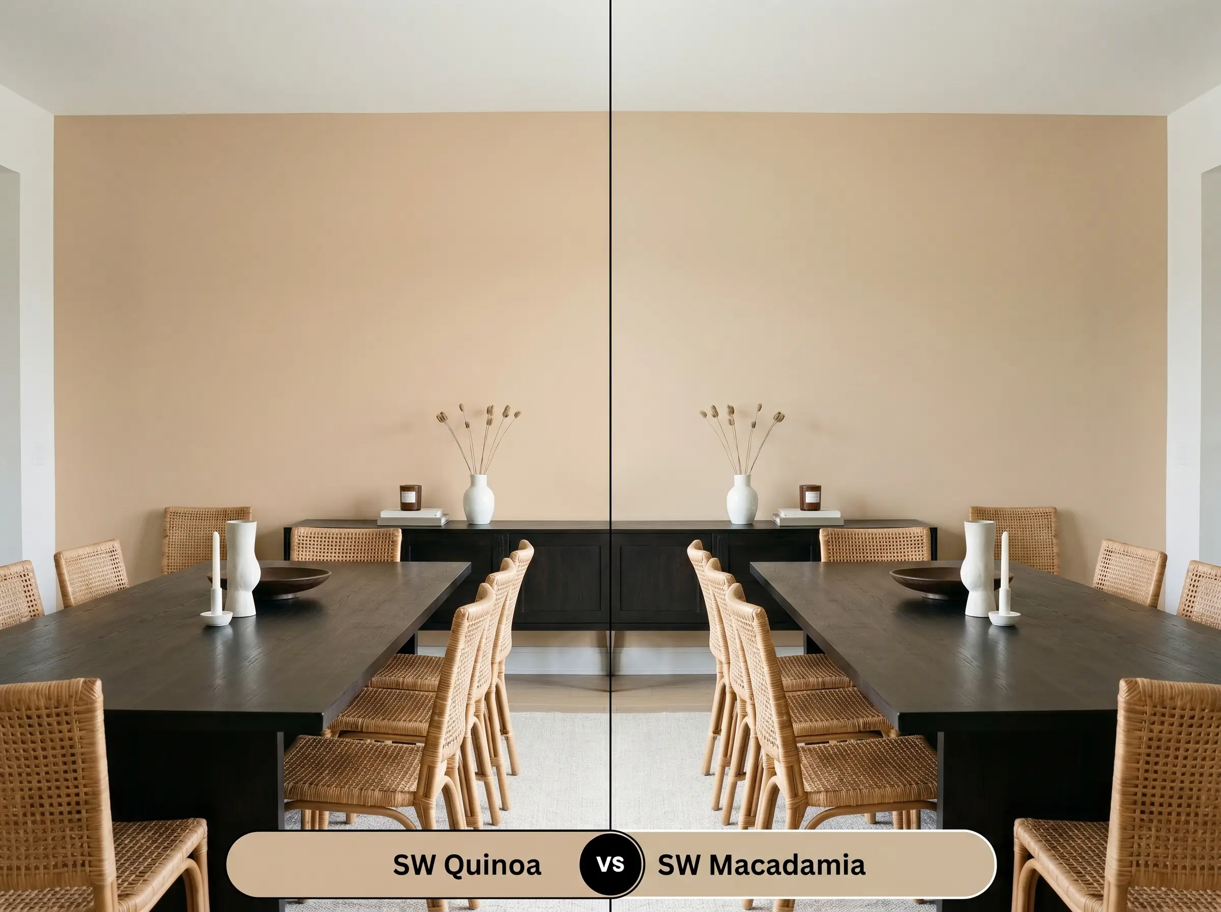 A side-by-side split-screen comparison of Sherwin-Williams Quinoa on the left and Sherwin-Williams Macadamia on the right, shown in an organic modern dining room.