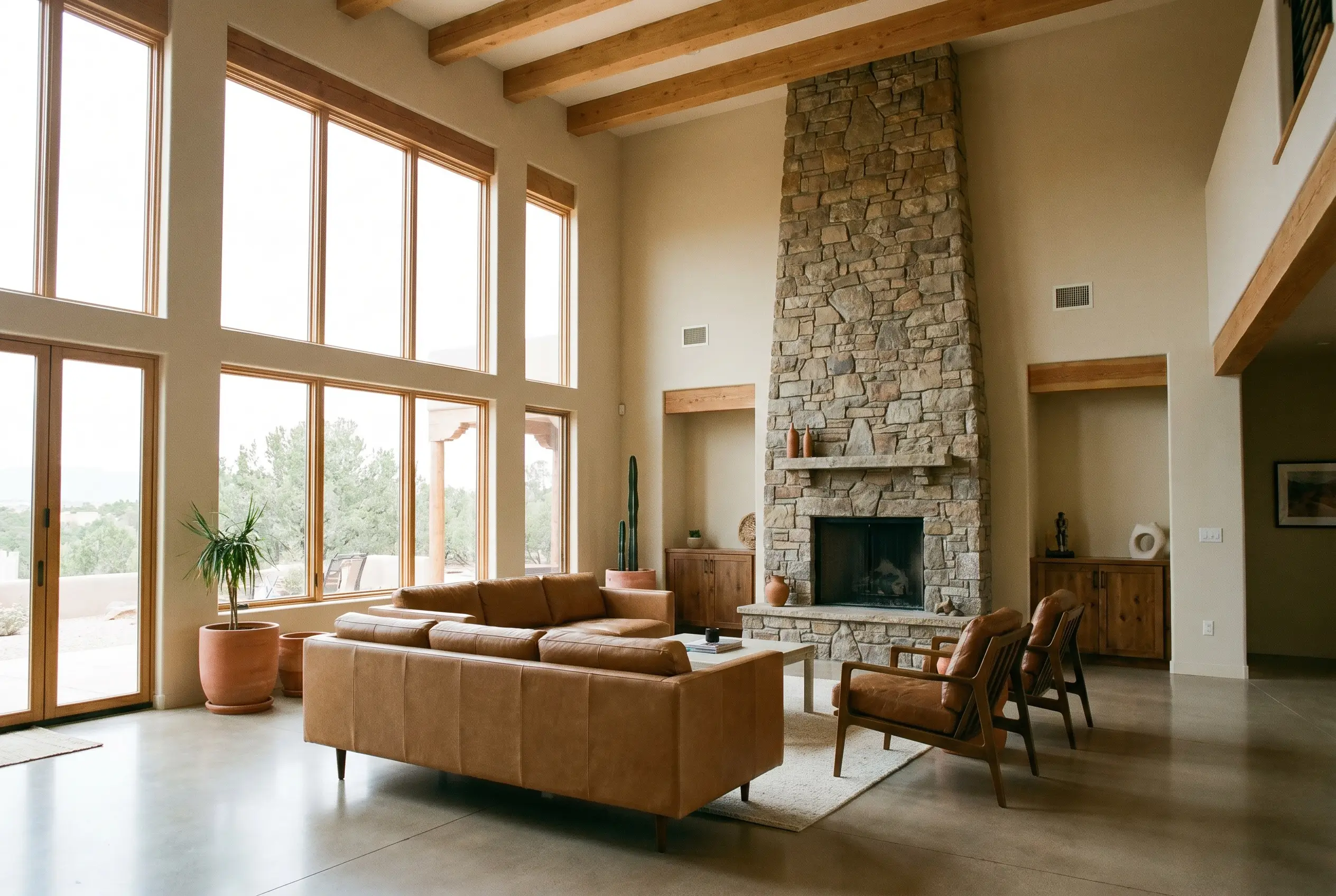 Raw leather seating and terracotta accents anchor an expansive living room gathering area surrounded by smooth mid-tone neutral walls.