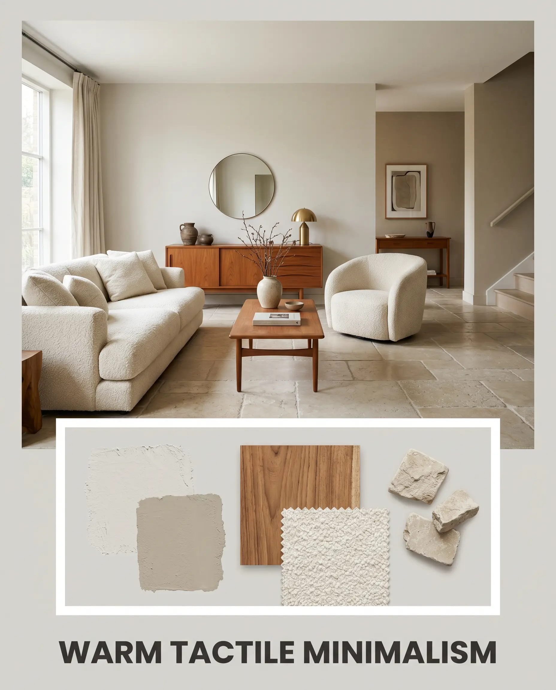 A design board titled WARM TACTILE MINIMALISM displays a minimalist living space paired with material swatches of oiled teak, bouclé fabric, and tumbled limestone.