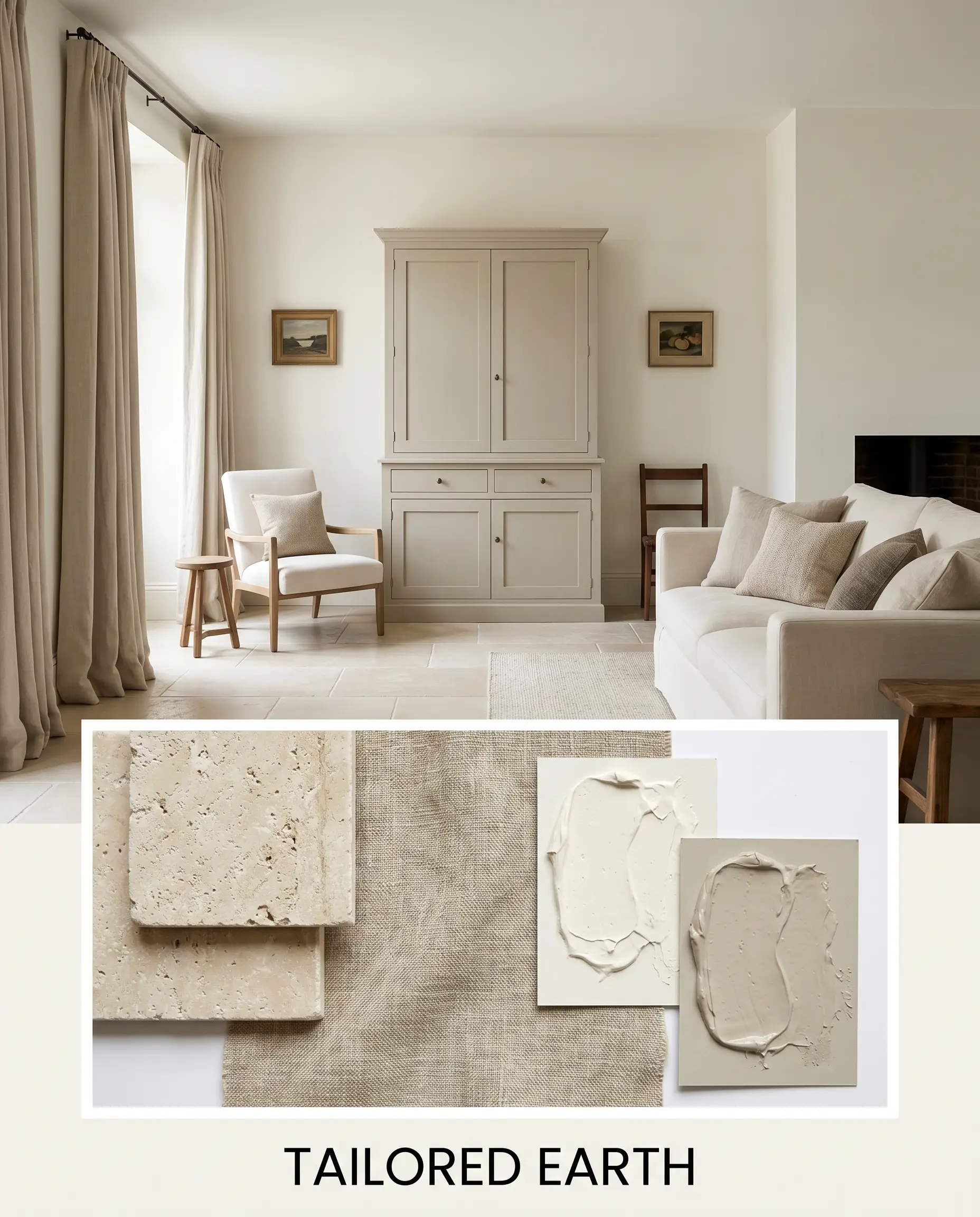 An airy living space featuring tumbled limestone floors and heavy natural linen drapery sits above an inset flat-lay of physical limestone and linen samples.