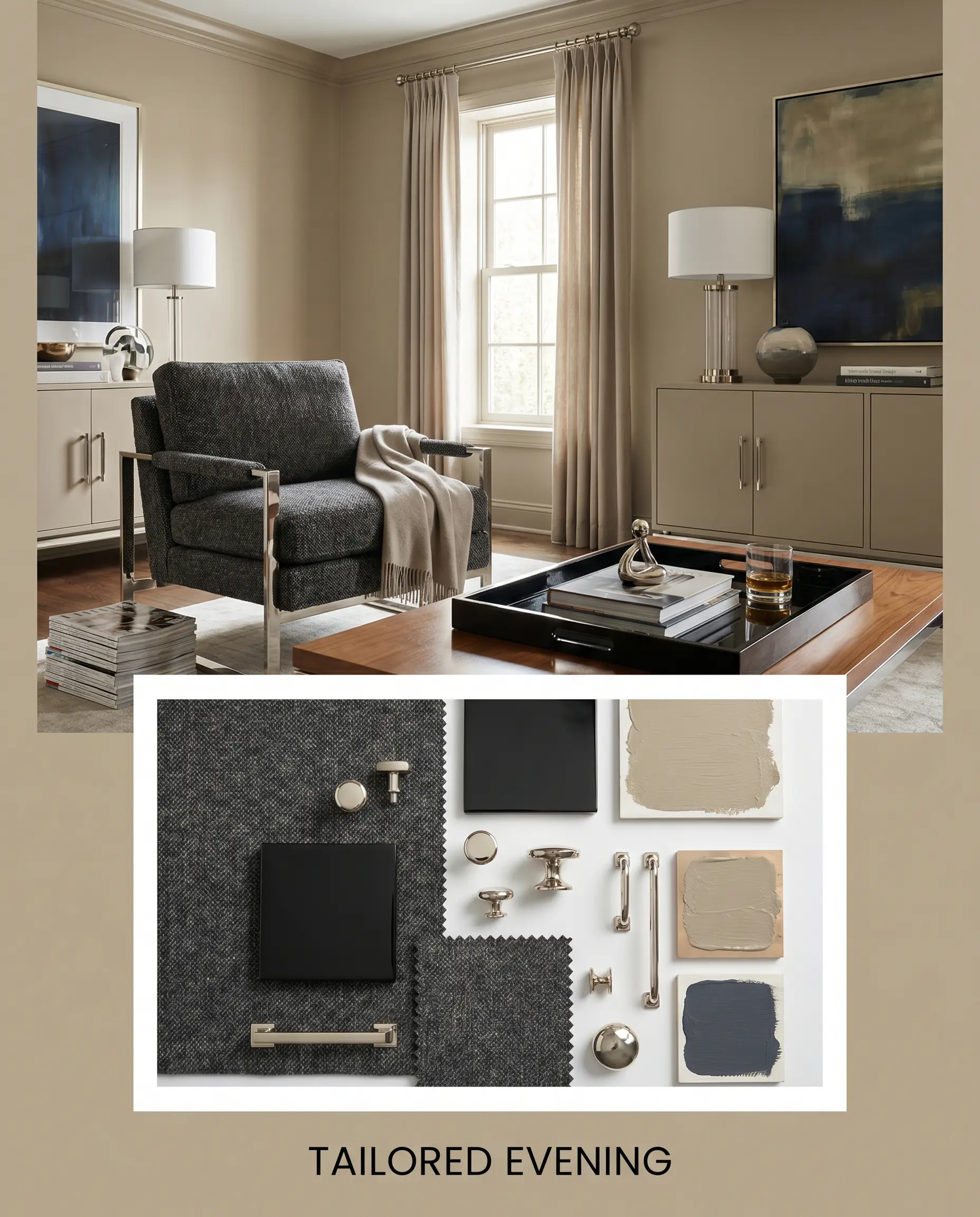A tailored evening editorial concept board combines earthy khaki paint textures with structured charcoal tweed fabric, high-gloss black lacquer samples, and polished nickel metal.