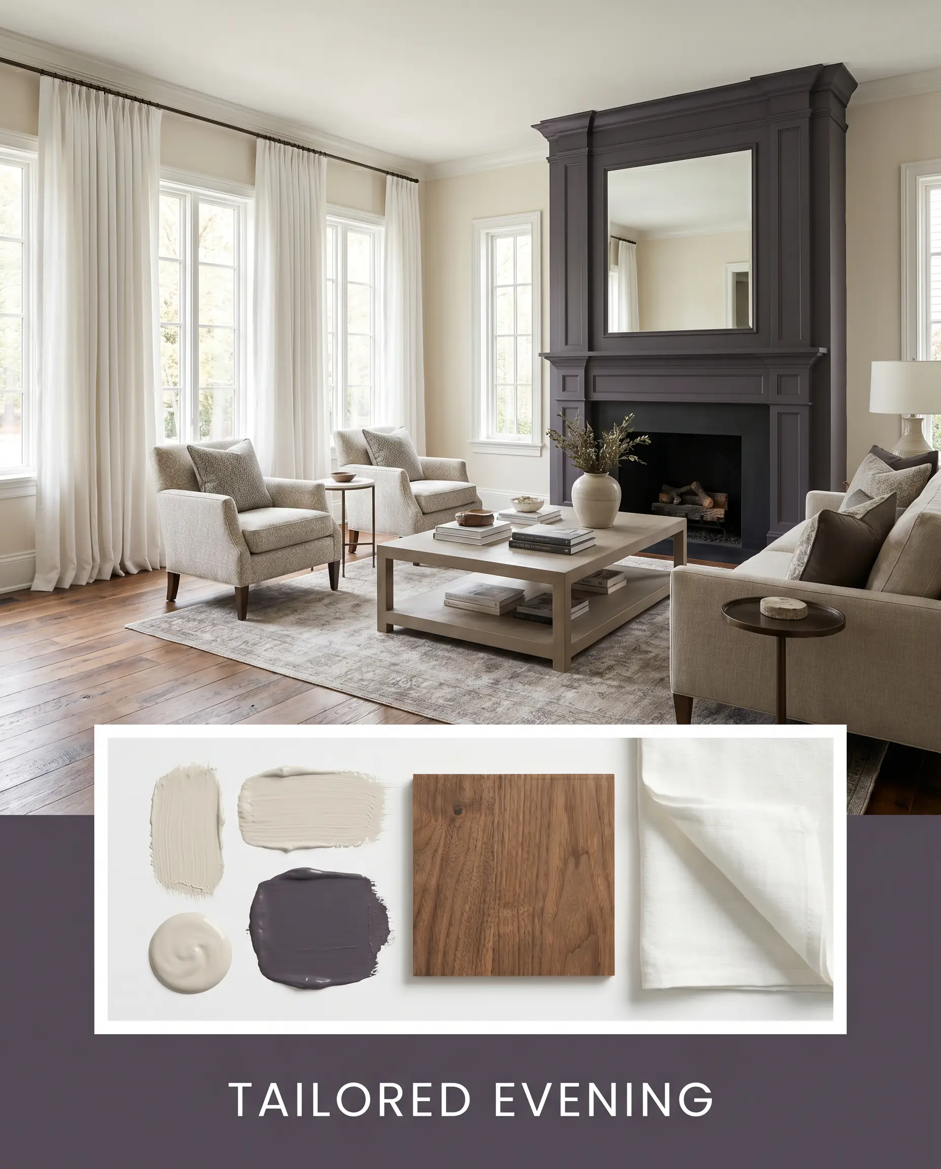 A structured transitional living room concept board combines crisp white linen drapery, reclaimed walnut flooring, and a striking moody charcoal fireplace focal point.