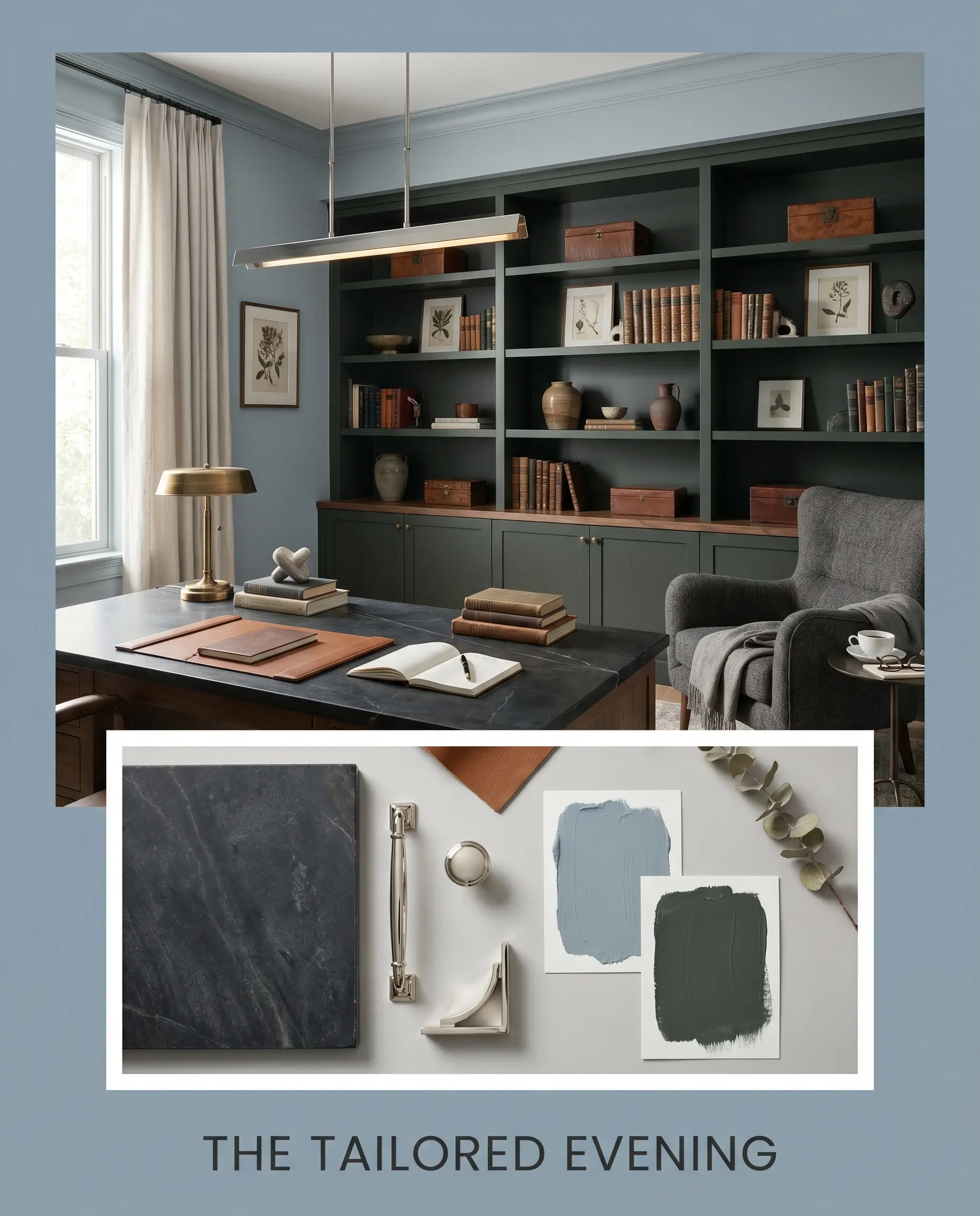 A flat-lay of dark oiled soapstone and polished nickel hardware rests beneath a refined study featuring powdery mid-tone blue walls and dark green built-in shelving.