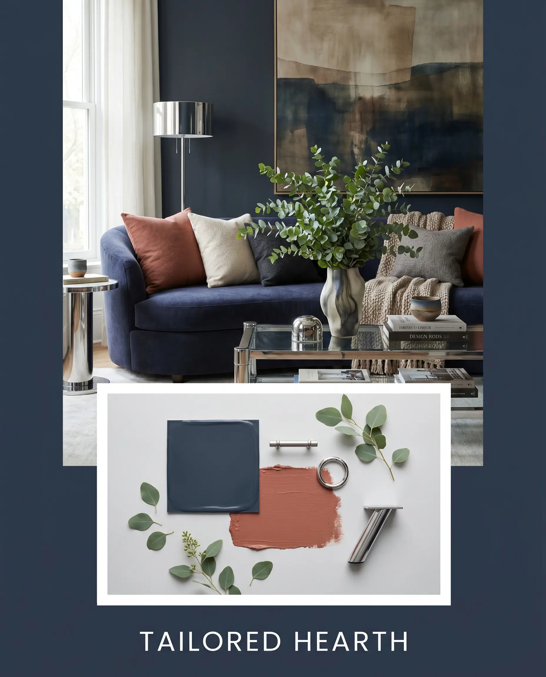 A sophisticated modern living room with deep charcoal-blue walls and fresh eucalyptus branches rests above a flat-lay of polished chrome and earthy red accents.
