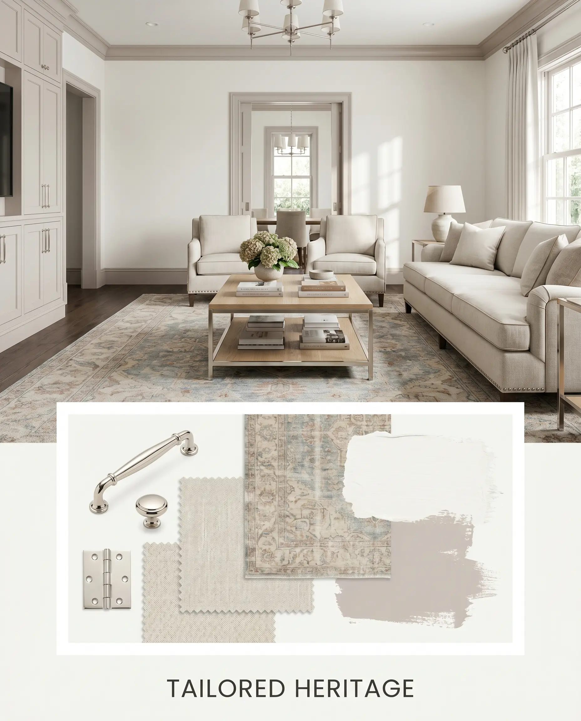 A Tailored Heritage interior design mood board highlights Sherwin-Williams White Snow (Hex #F5F4EE) alongside polished nickel hardware, crisp linen upholstery, and a faded antique Oushak rug.