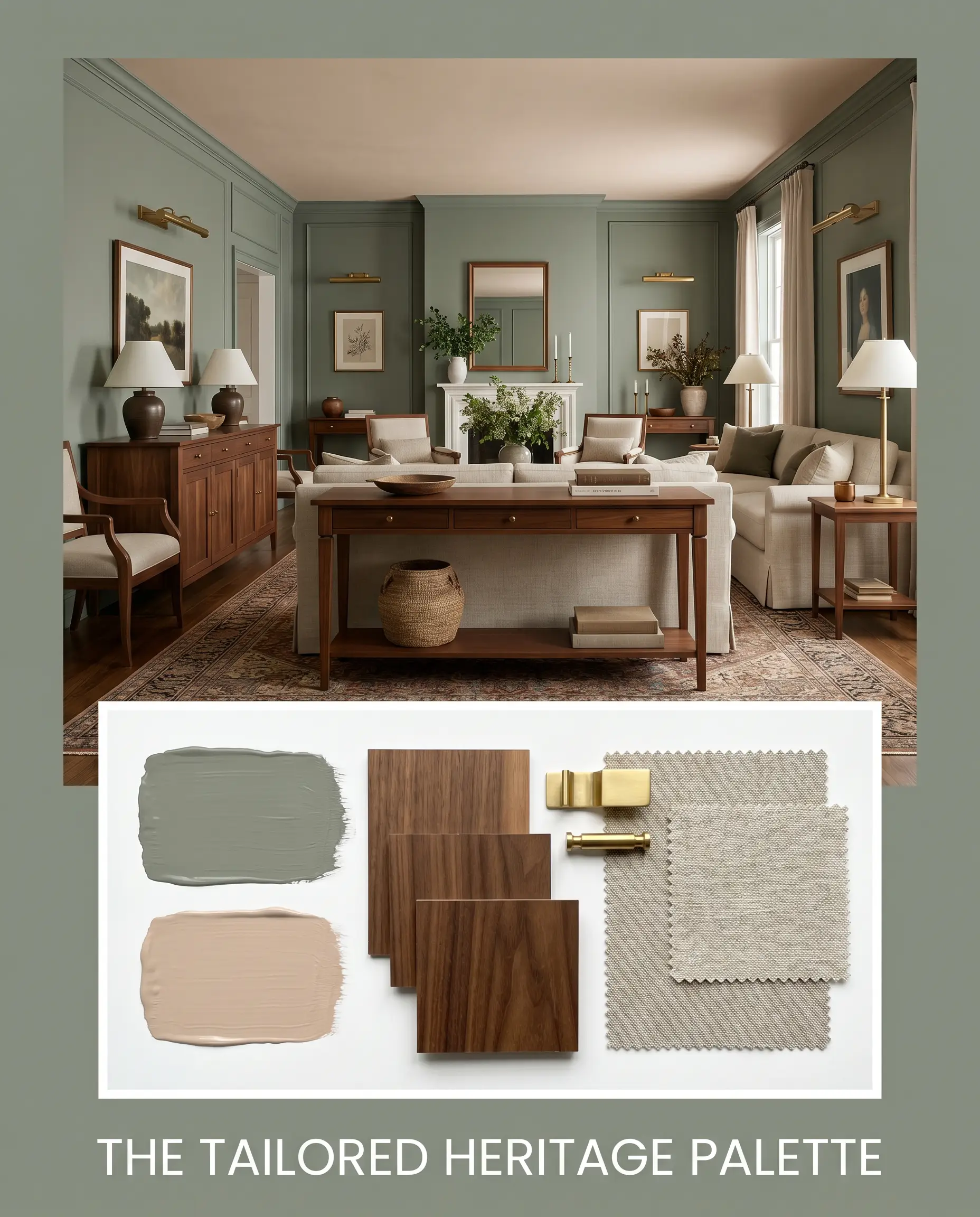 A structured living room painted Farrow & Ball Card Room Green (Hex #878f81) sits above an editorial flat-lay featuring walnut wood swatches, unlacquered brass hardware, and natural linen fabric.