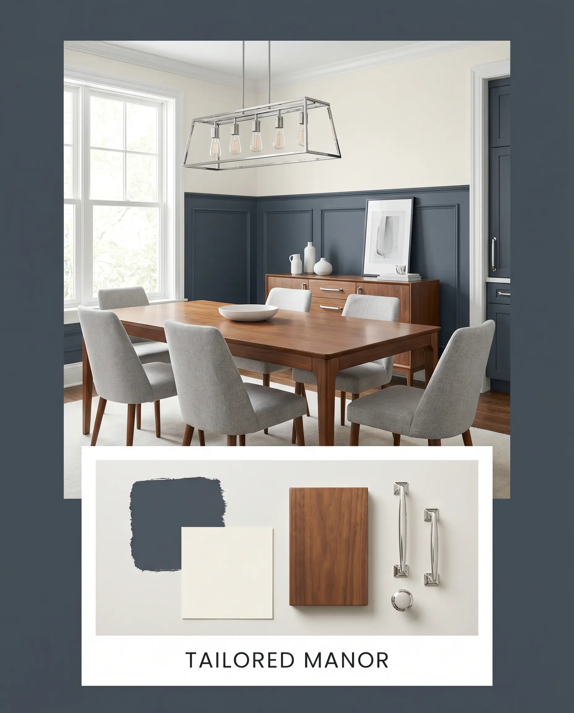 An editorial concept board displays a classic structured dining room painted in Midnight Blue, accompanied by a flat-lay of warm walnut wood and polished chrome hardware.