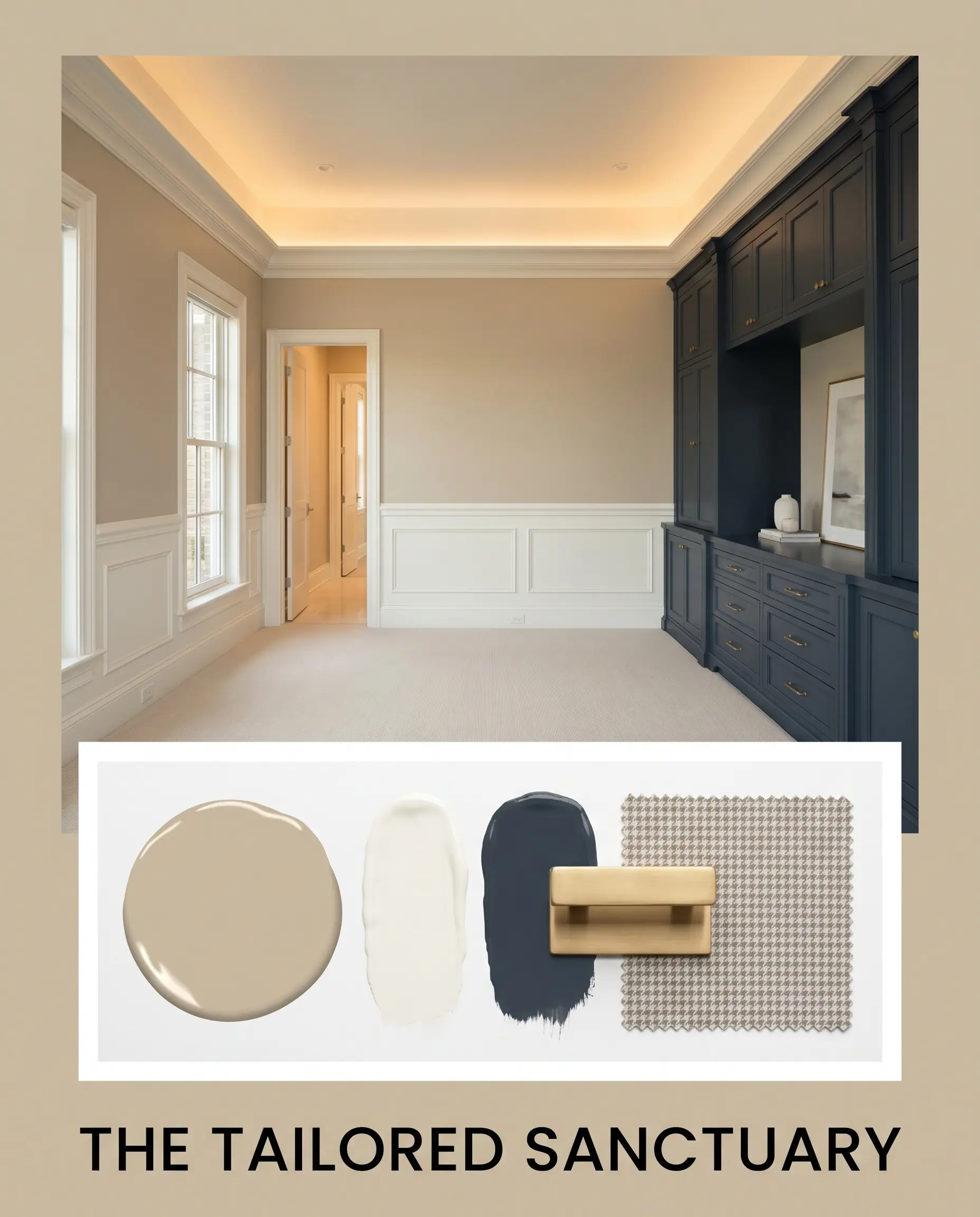A transitional sanctuary space showcases golden beige walls and navy built-in cabinetry above a physical materials flat-lay featuring unlacquered brass hardware and a subtle houndstooth textile swatch.