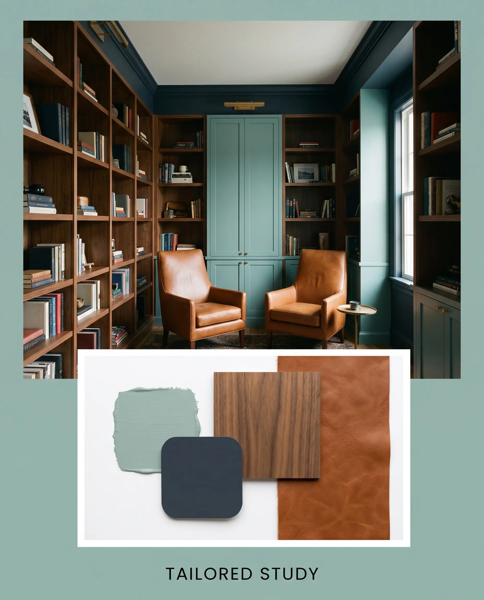 A moody library featuring warm walnut shelving and a cognac leather reading chair sits above a curated flat-lay combining dark navy, wood veneer, and medium blue-green paint swatches.