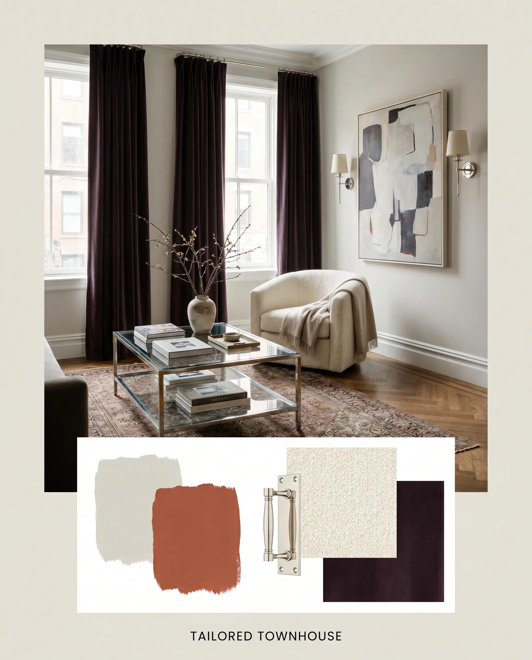 A cosmopolitan townhouse layout pairs a structured cream bouclé armchair and heavy dark plum drapery with polished nickel hardware and dark plum textiles.